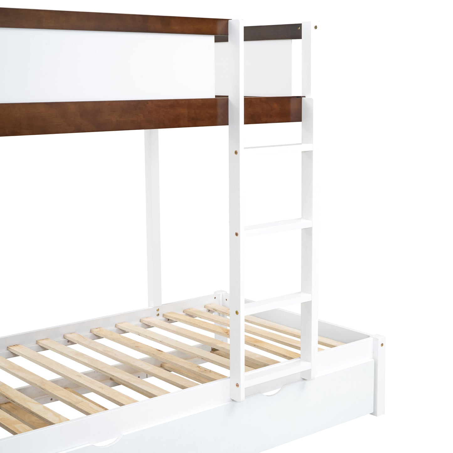 Twin Bunk Bed with Trundle, Storage, Desk, White-Walnut Finish & Maximized Space Storage Solution