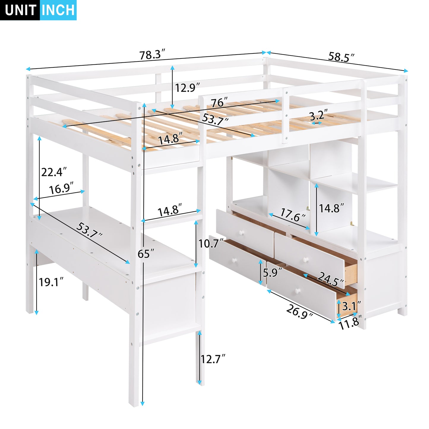 Full Size Loft Bed with Built-in Desk with Two Drawers, and Storage Shelves and Drawers,White