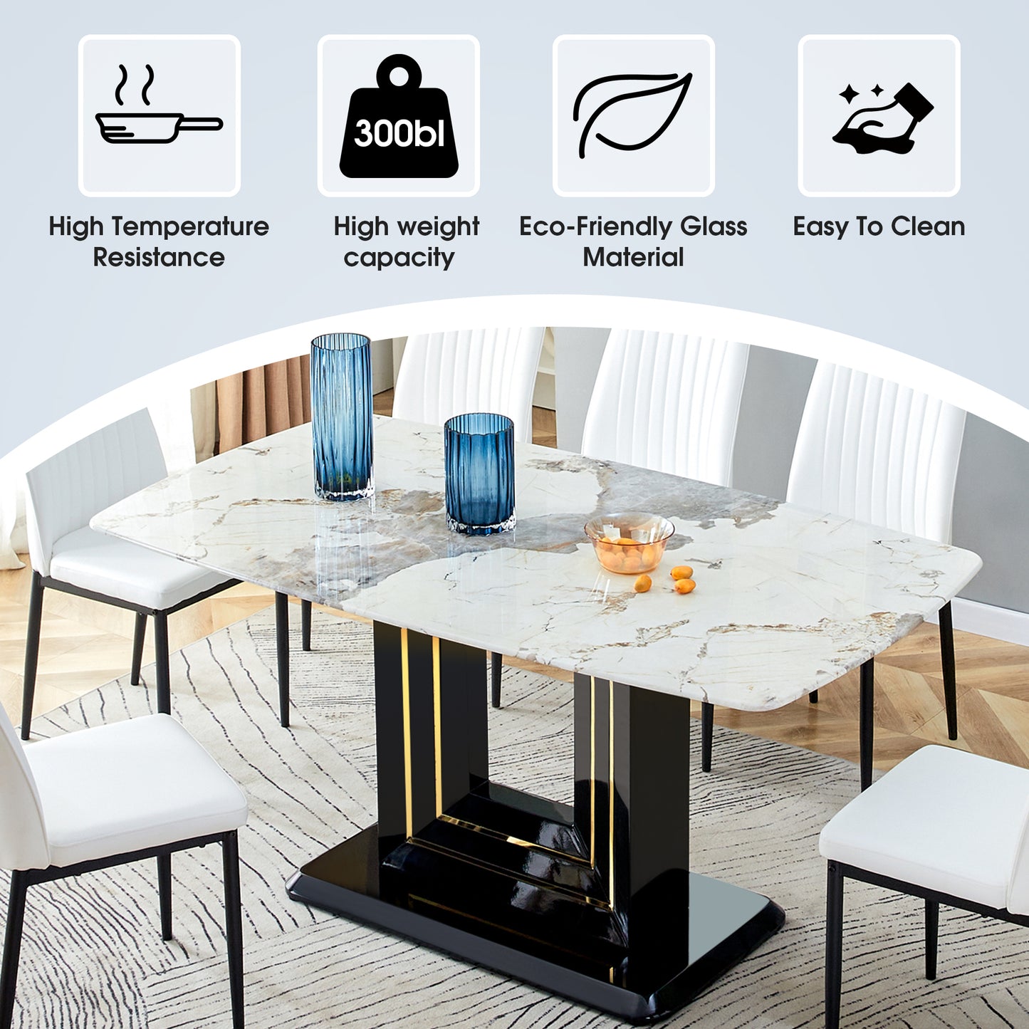 7-Piece Faux Marble Dining Table Set, Glass Rectangular Kitchen Table for 6-8, Modern White Faux Marble Dining Room Table with MDF Base, Dining Table & 6 Chairs