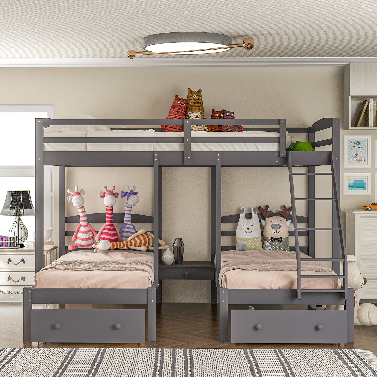 Gray Triple Bunk Bed with Storage Drawers, Full over Twin & Twin Bunk Bed