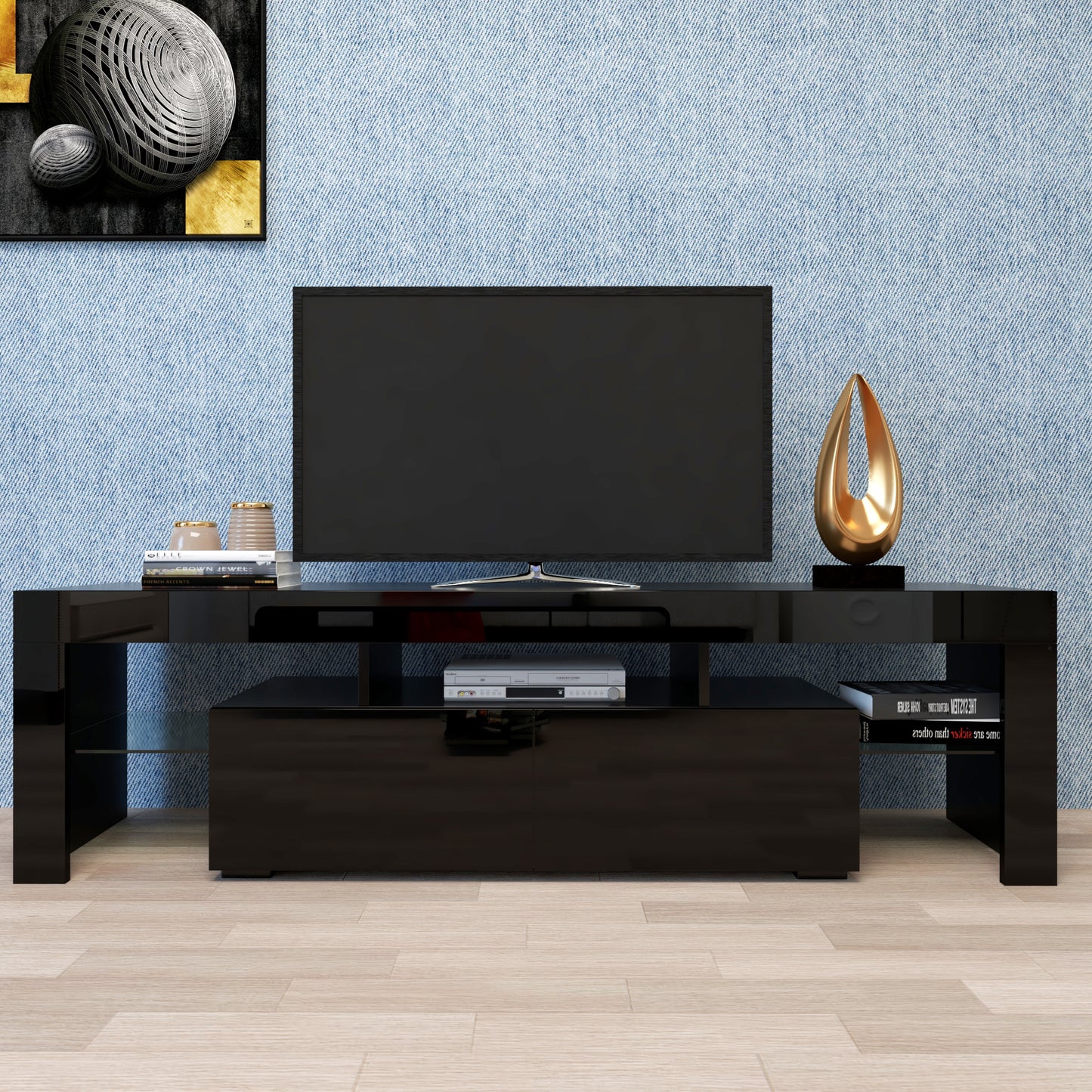 Sleek Black TV Stand with 20 Color LED Lights and Remote Control