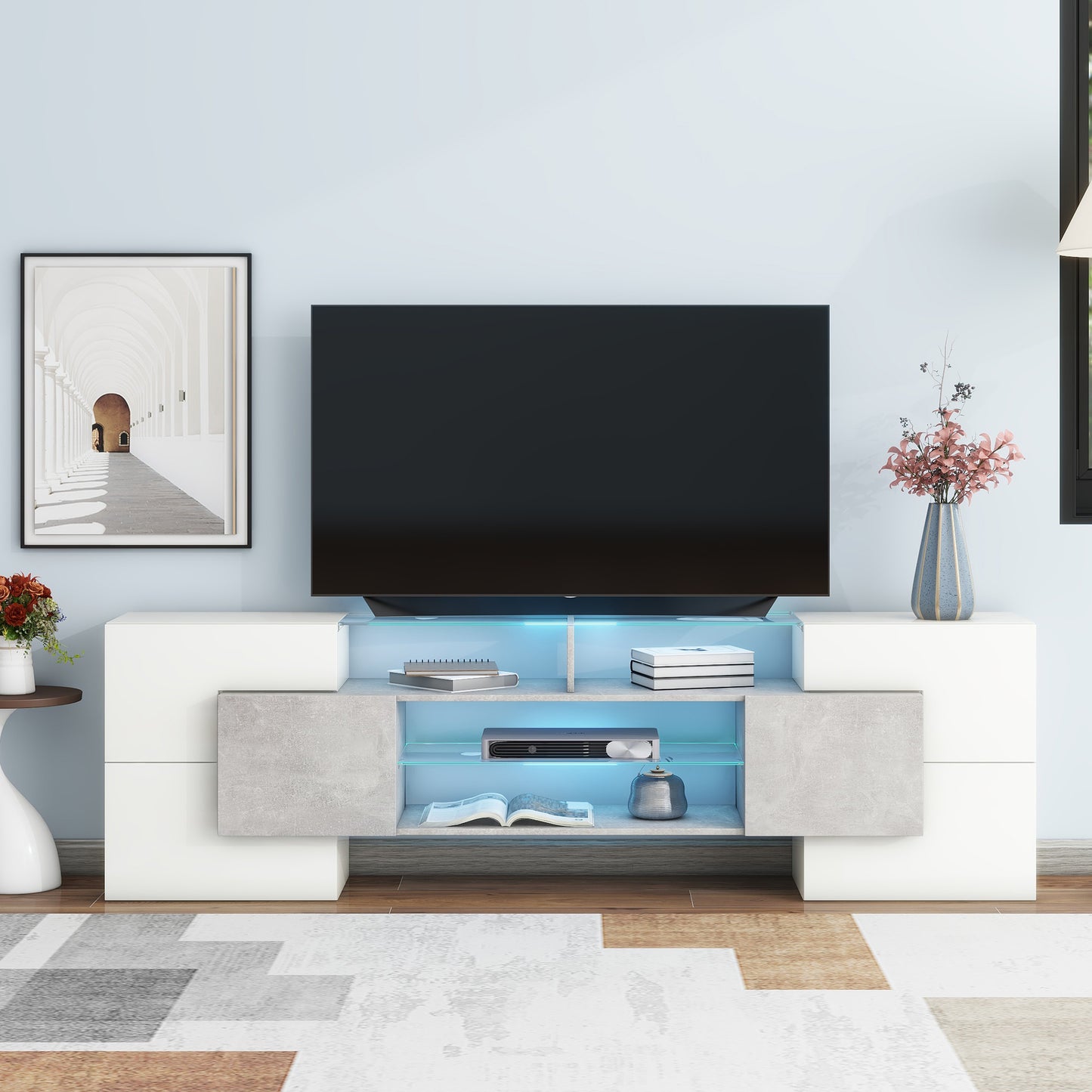 Elegant Grey TV Stand with LED Lights and Glass Shelves for TVs Up to 80 Inches