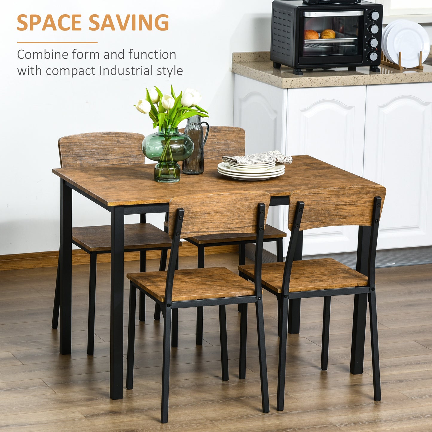 5 Piece Industrial Dining Table Set for 4, Rectangular Kitchen Table and Chairs, Dining Room Set for Small Space