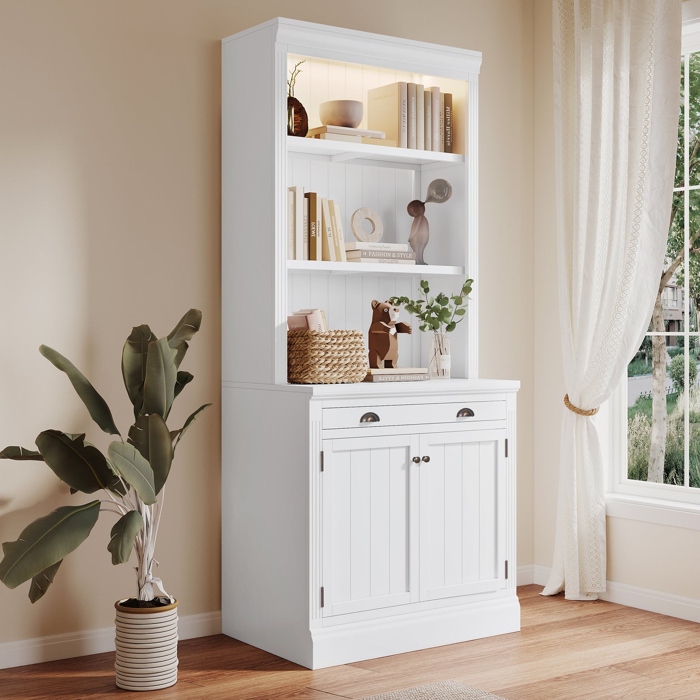 83.4 Tall 2-Piece White Bookshelf & Writing Desk Set with LED Lighting, Storage Drawers, and Doors