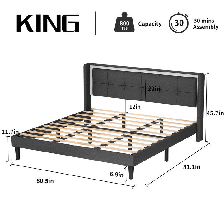 Molblly King Size Bed Frame with Upholstered Headboard, Strong Frame, and Wooden Slats Support, Non-Slip, and Noise-Free, No Box Spring Needed, Easy Assembly, Dark Grey