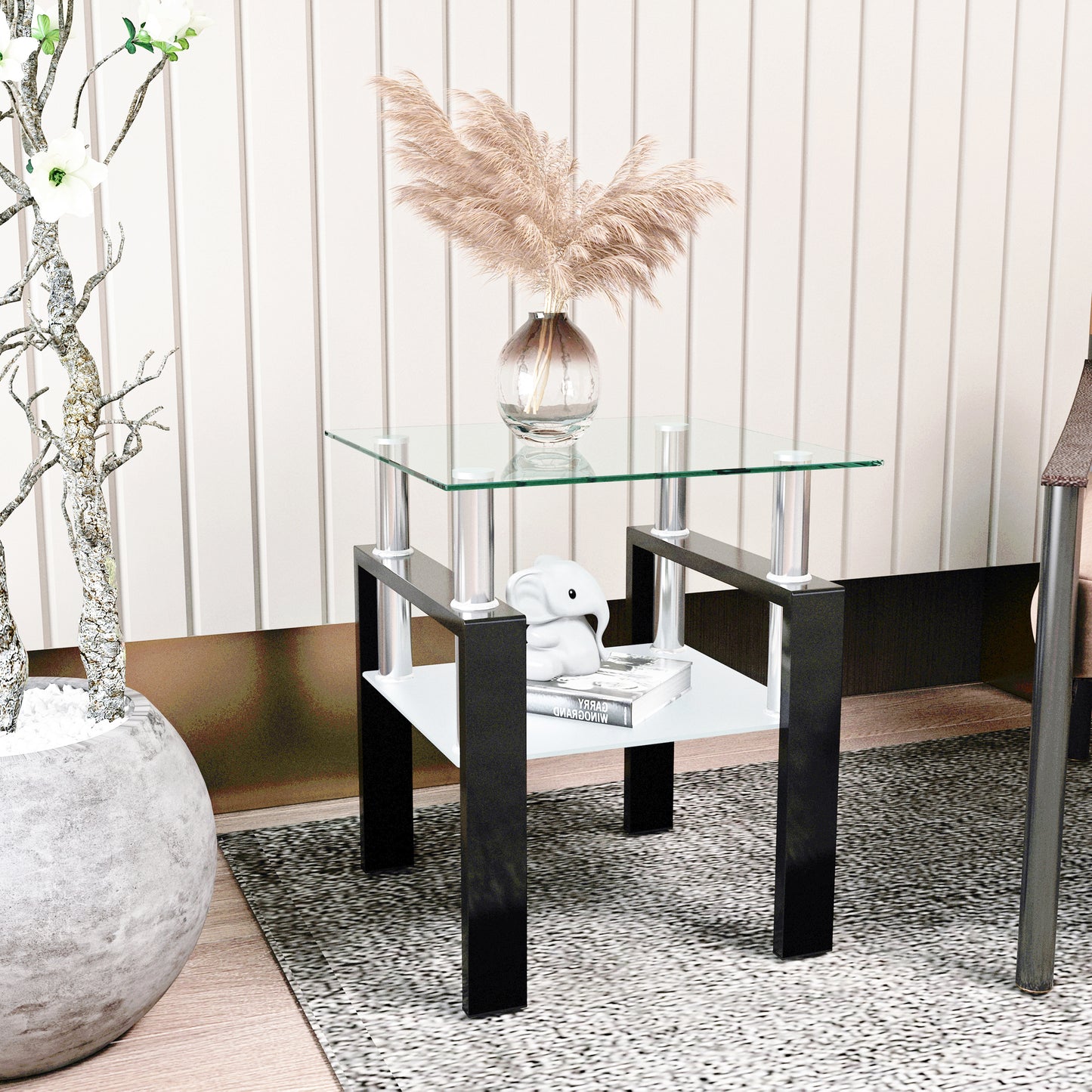 Stylish Tempered Glass Square Table for Living Room with Metal Leg