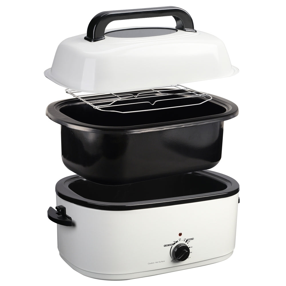 White Stainless Steel Electric Turkey Roaster with Temperature Control and See-through Lid