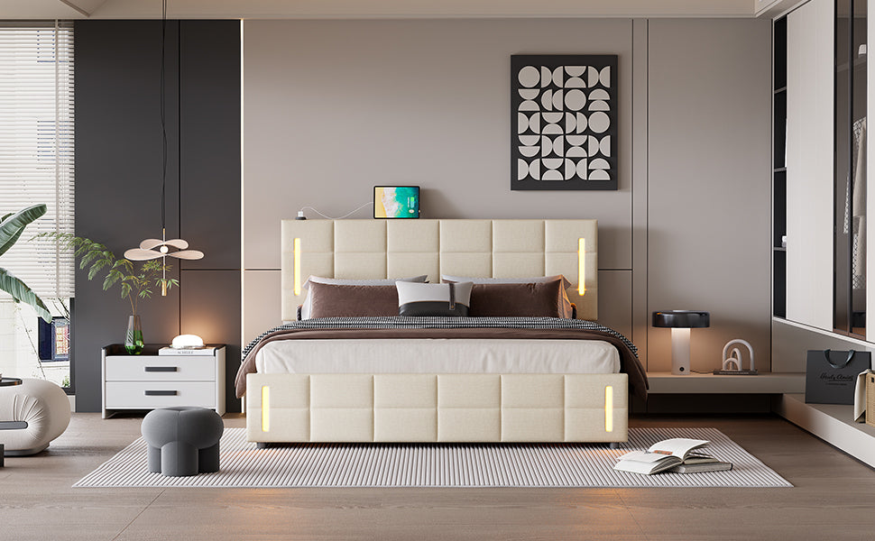 Queen Size Upholstered Bed with Hydraulic Storage System and LED Light, Beige