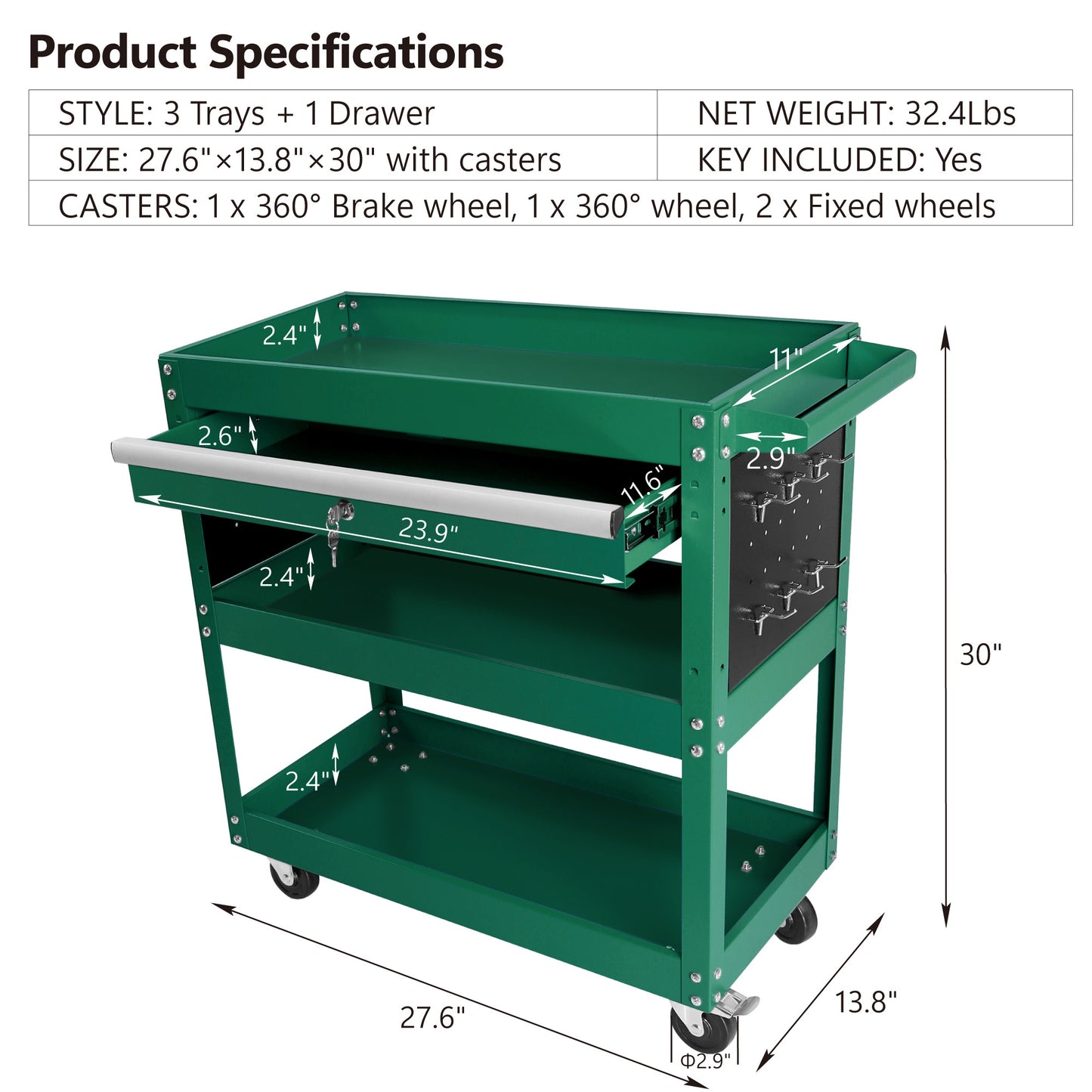 3 Tier Rolling Tool Cart, Heavy Duty Utility Cart Tool Organizer with Storage Drawer, Industrial Commercial Service Tool Cart for Mechanics, Garage, Warehouse & Repair Shop