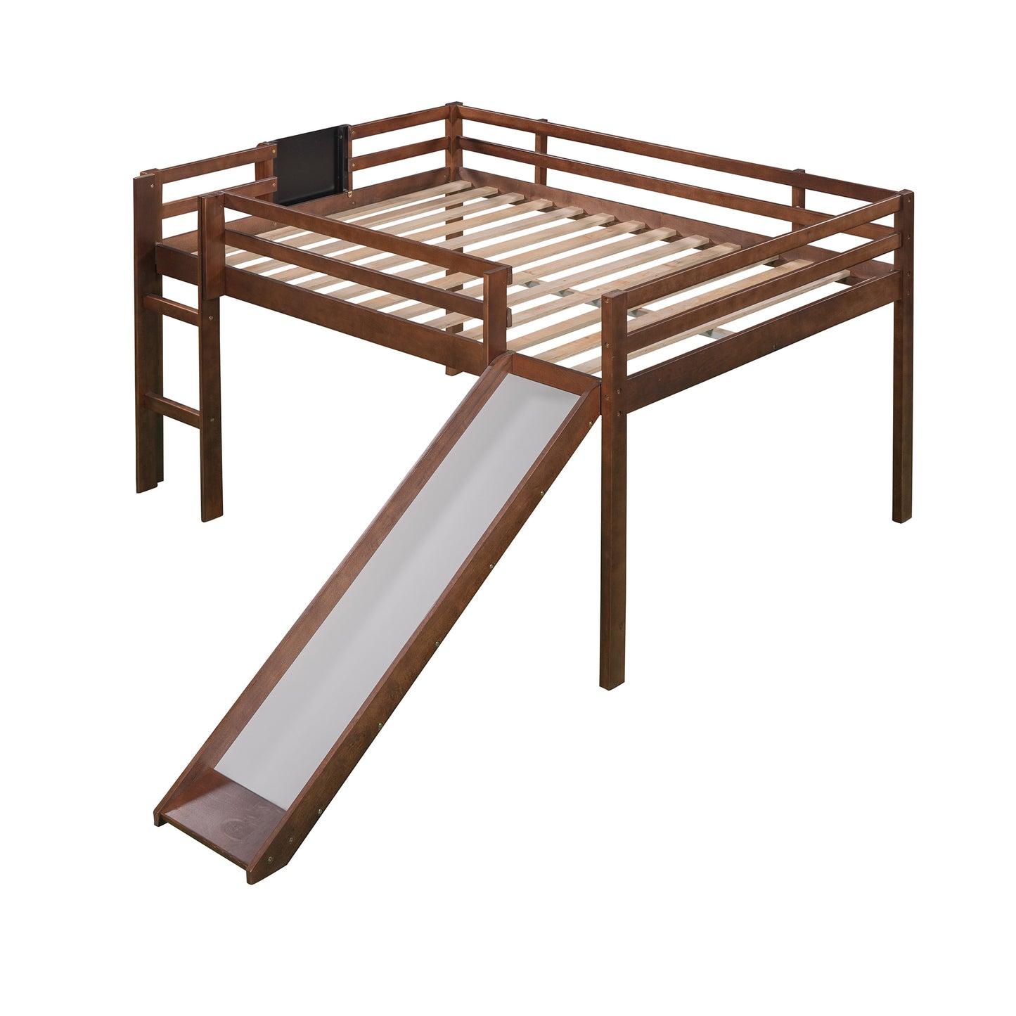 Full size Loft Bed Wood Bed with Slide, Stair and Chalkboard,Walnut