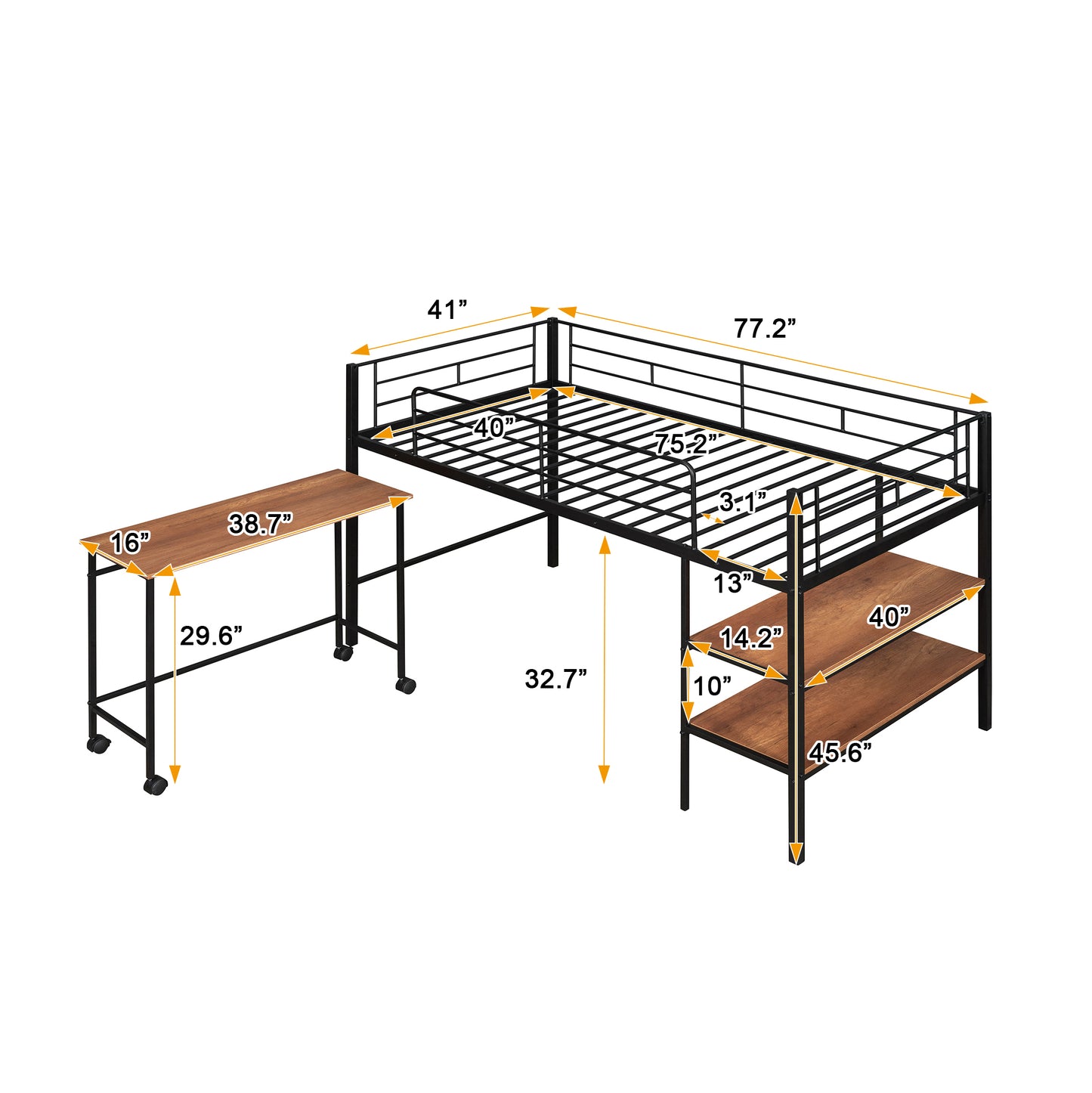 Twin Size Metal Loft Bed with Desk and Shelves,Black