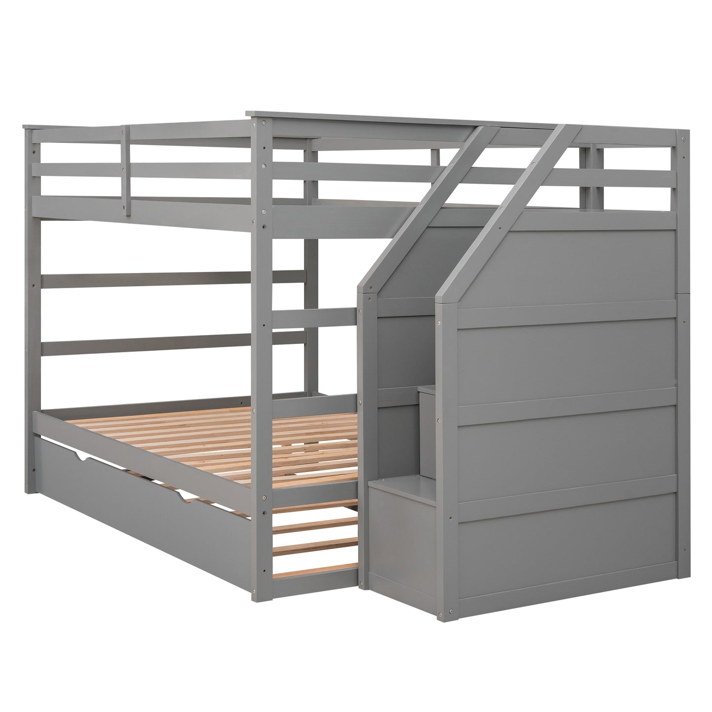 Gray Full Bunk Bed with Trundle and 3 Storage Stairs