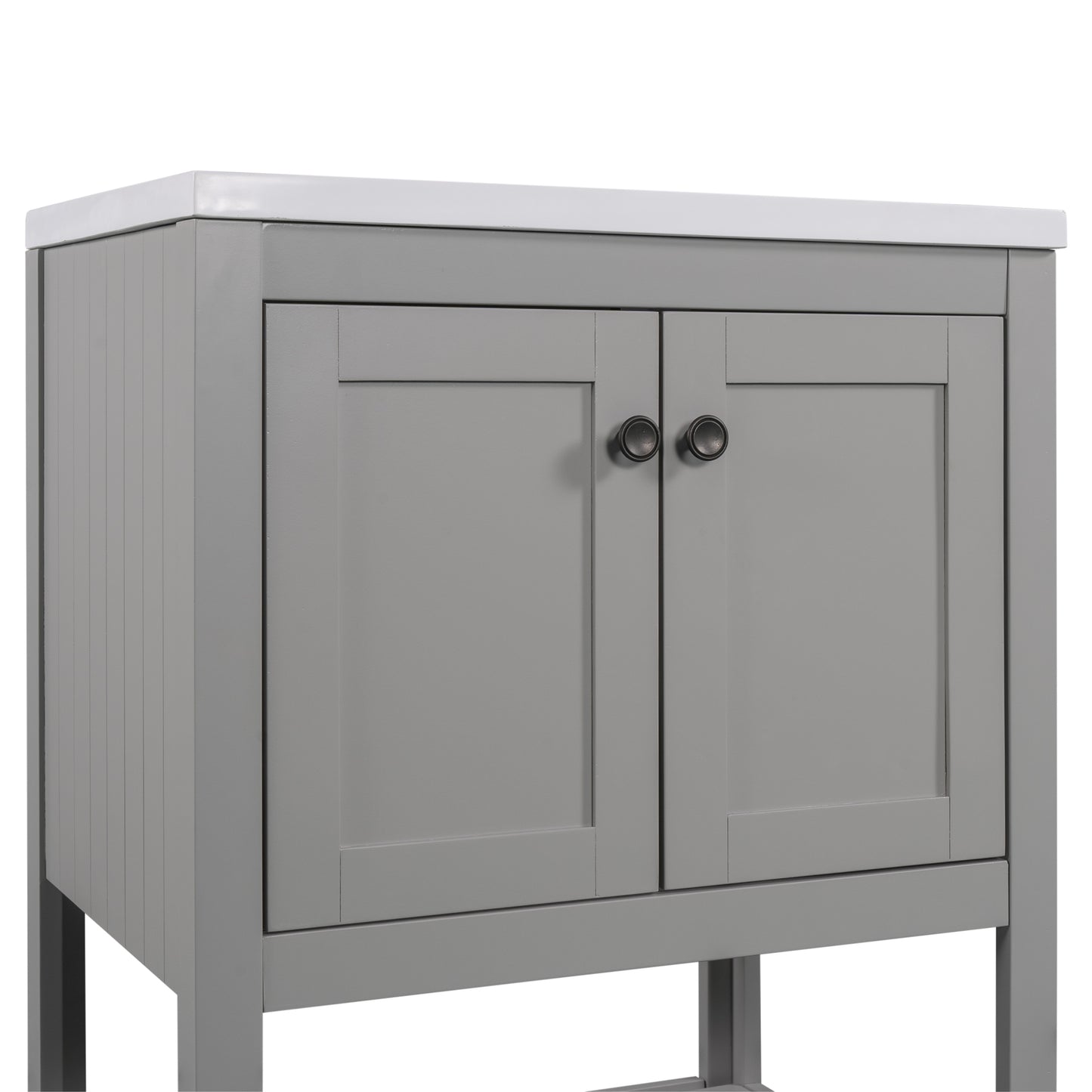 24" Grey Modern Sleek Bathroom Vanity Elegant Ceramic Sink with Solid Wood Frame Open Style Shelf