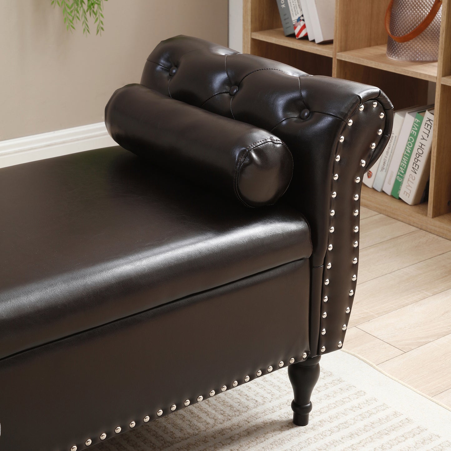 63 Brown Upholstered Flip Top Storage Bench Ottoman with Safety Hinge Storage and Button Tufted Design