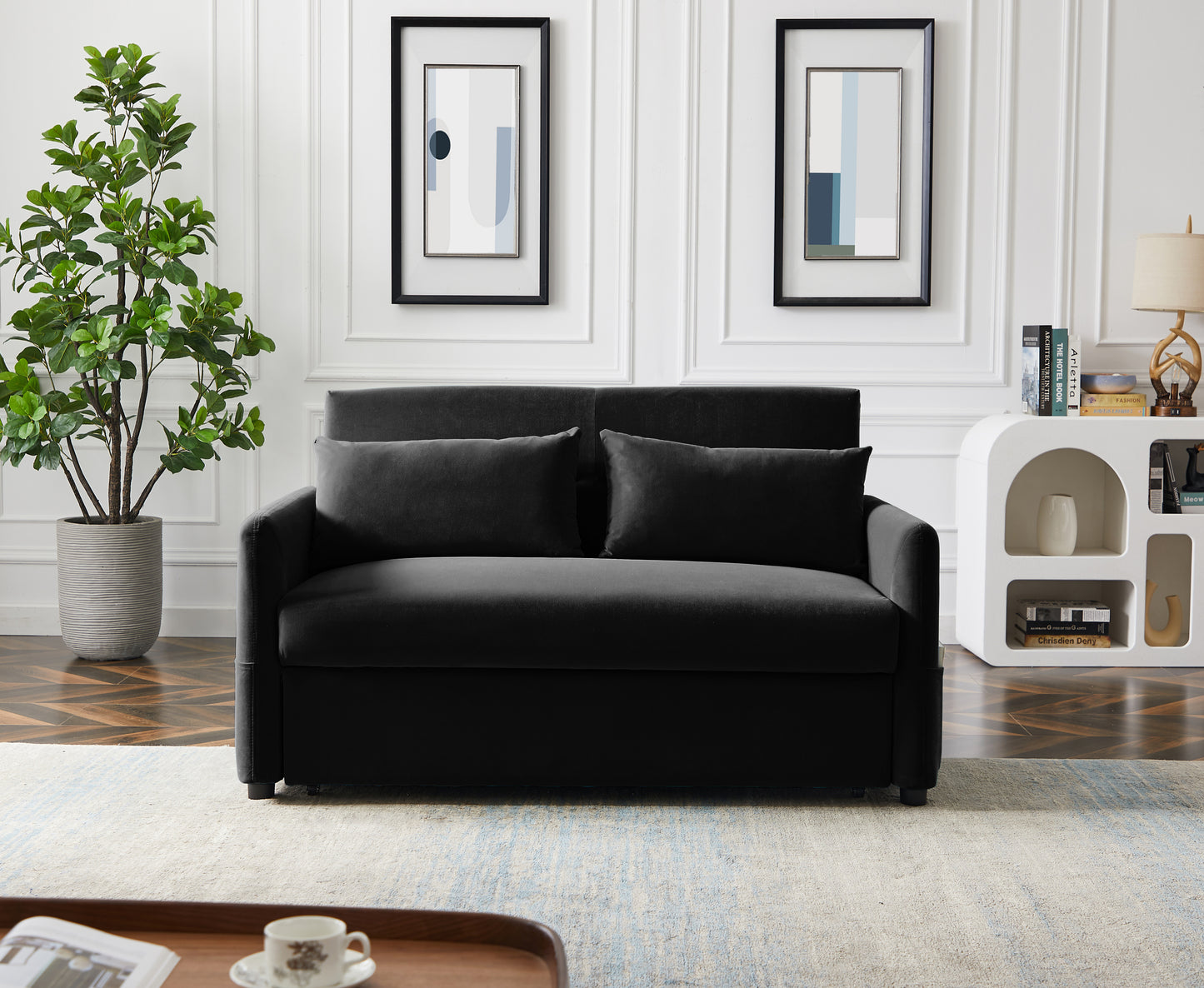 Convertible Black Love Seat Sofa with Adjustable Backrest and Comfortable Fabric Fill