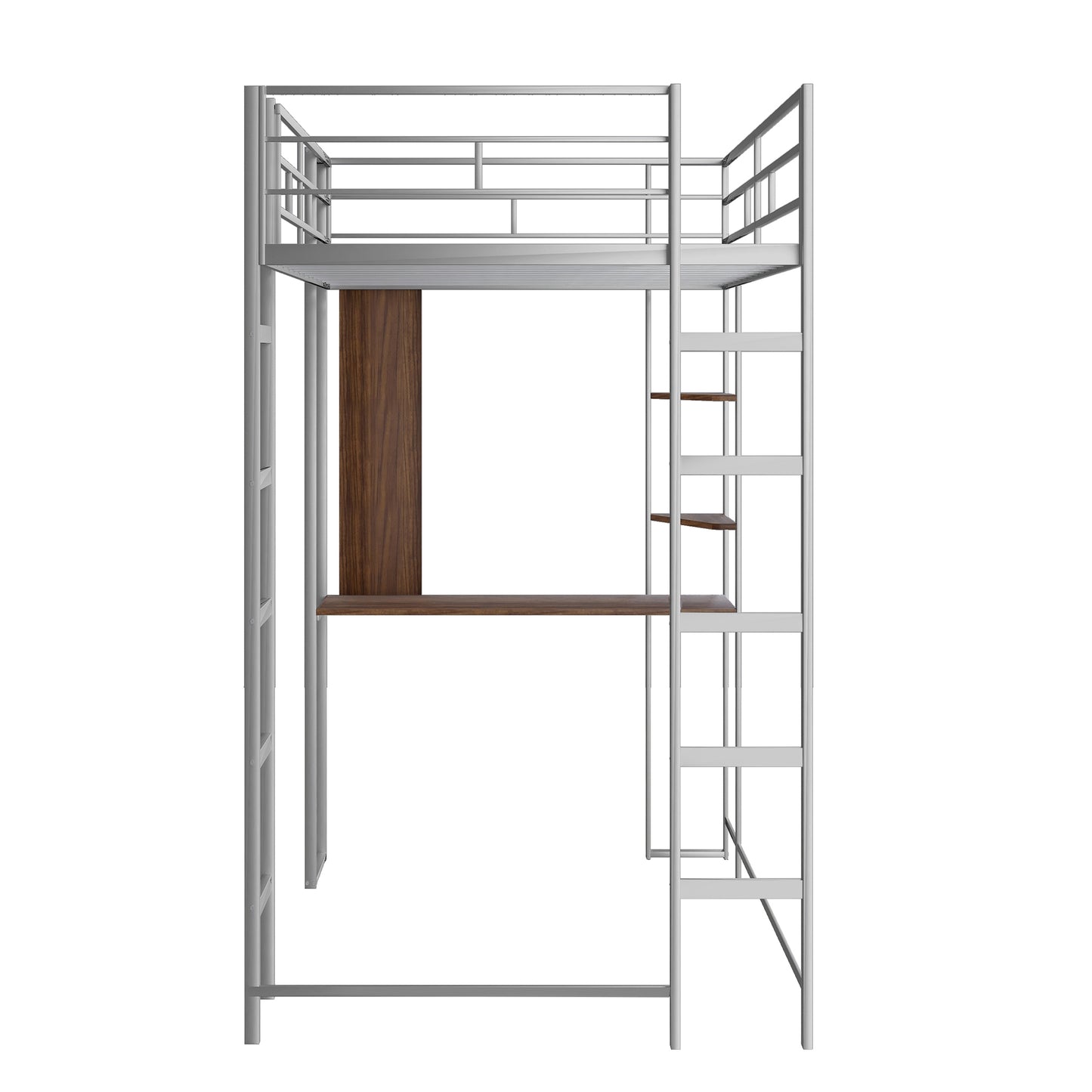 Twin Metal Loft Bed with 2 Shelves and one Desk ,Silver(: MF281206AAN)