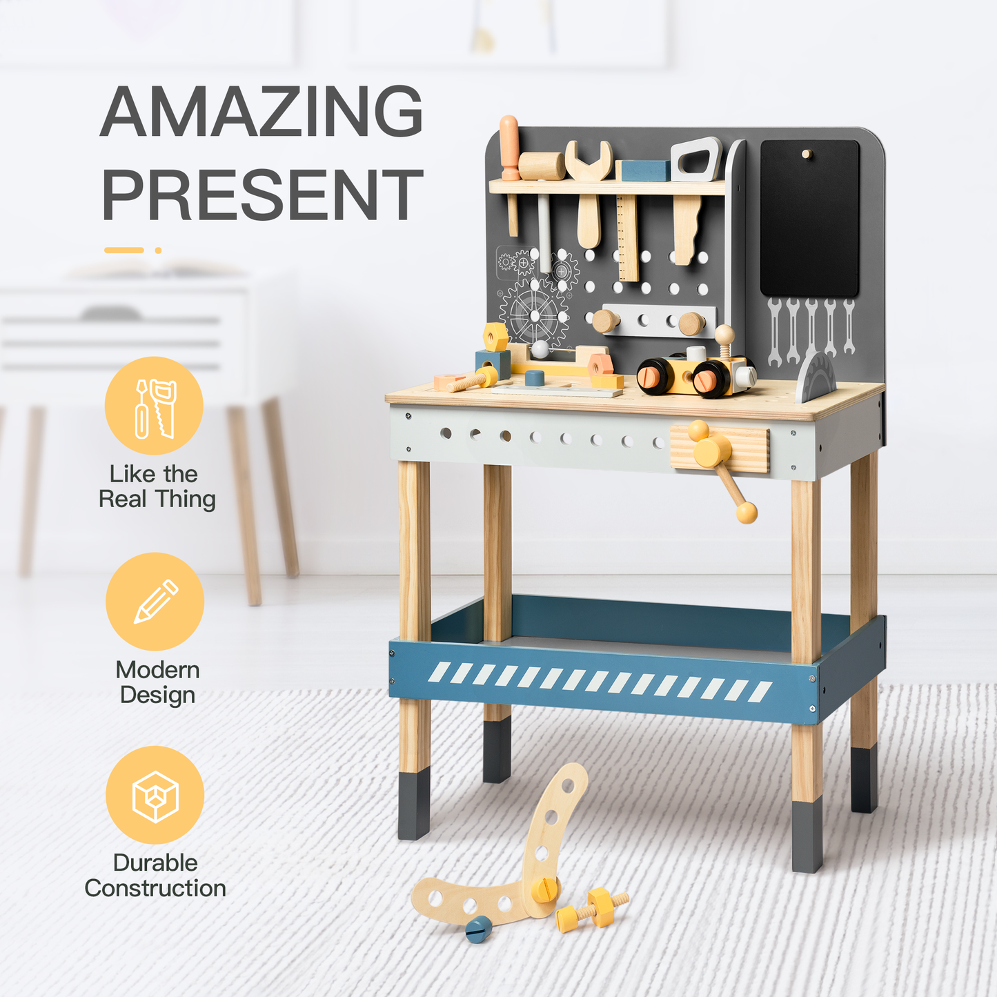 Kids' DIY Wooden Workbench with Blackboard and Tool Playset