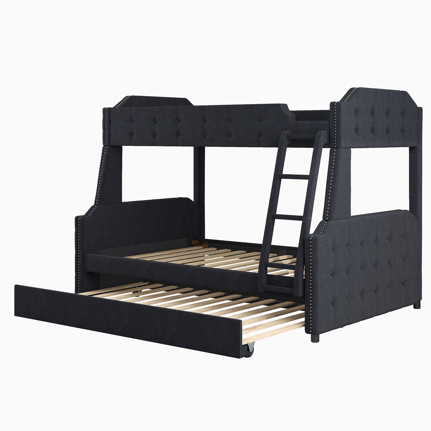 Black Velvet Upholstered Twin over Full Bunk Bed with Trundle and Button Tufted Design