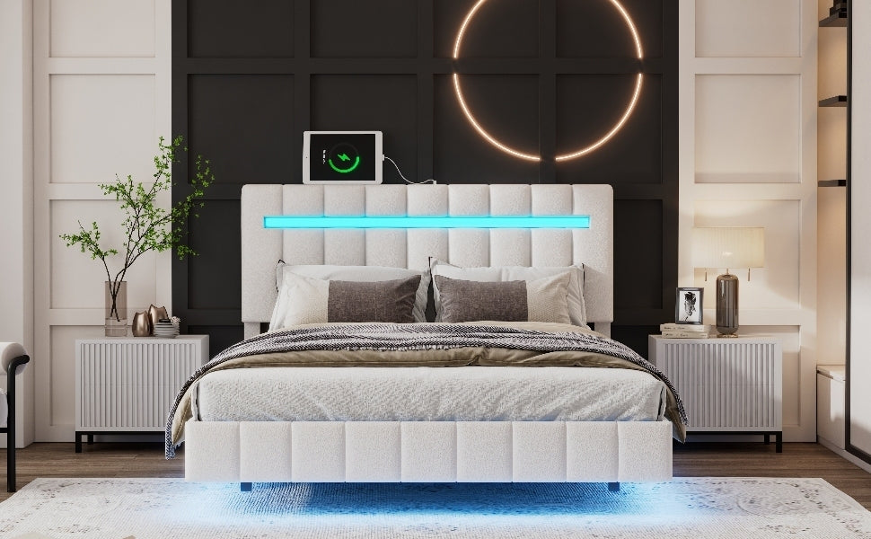 Full Size Floating Bed Frame with LED Lights and USB Charging,Modern Upholstered Platform LED Bed Frame,White(Full)