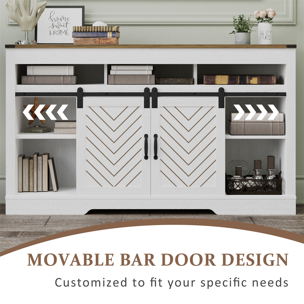 Modern Farmhouse TV Stand Sideboard in White Wood with Adjustable Shelves