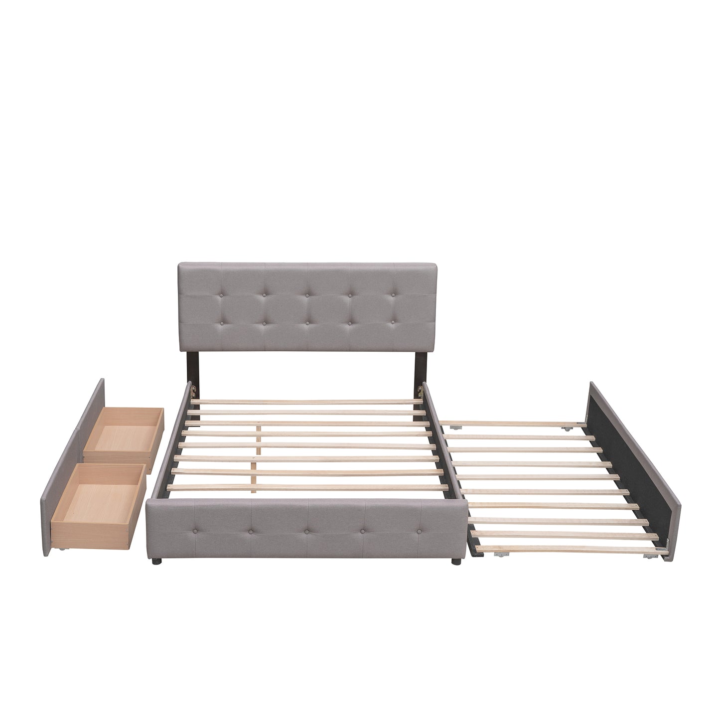 Upholstered Platform Bed with 2 Drawers and 1 Twin XL Trundle,  Linen Fabric, Queen Size - Light Gray