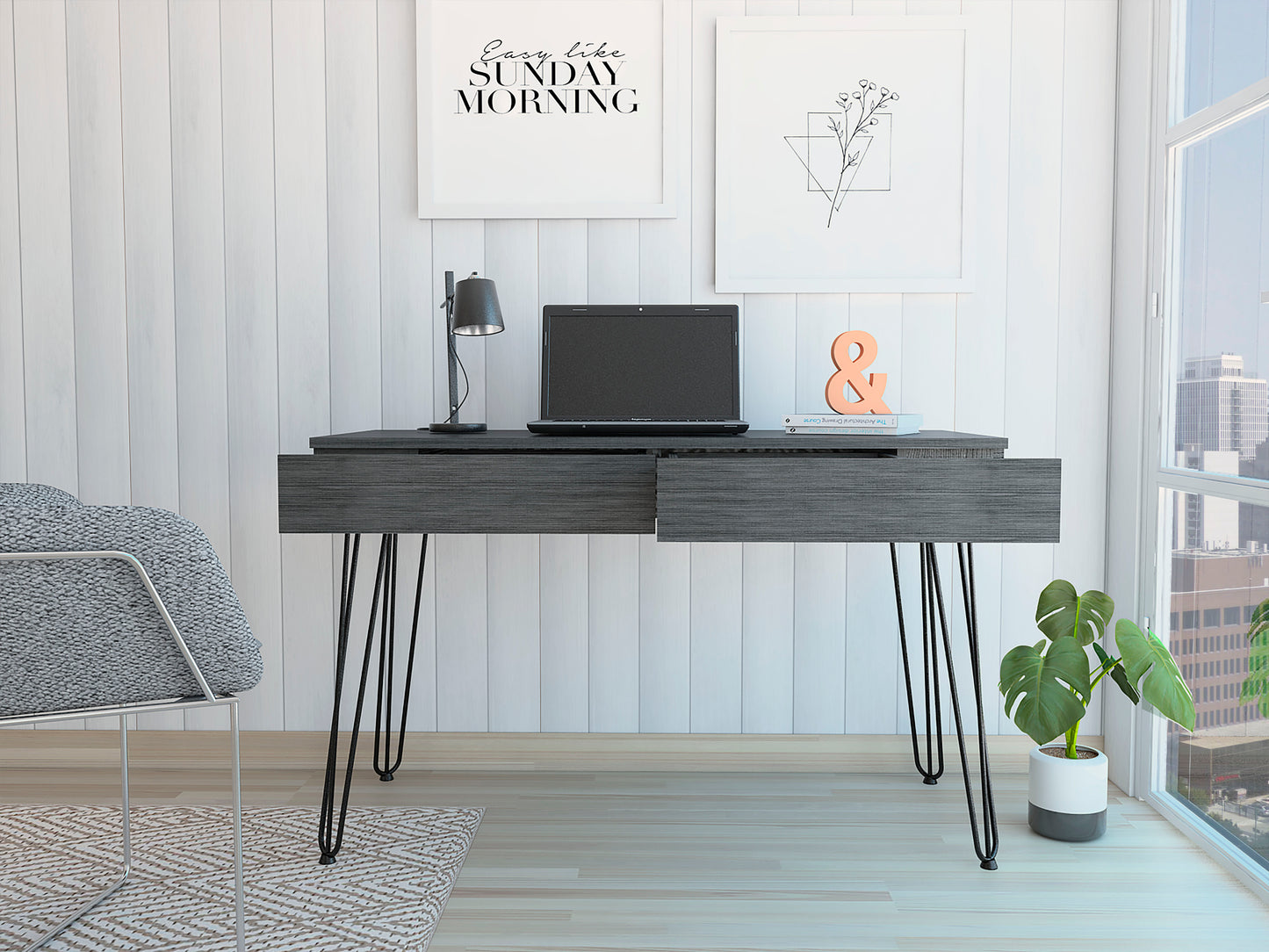 Sleek Smokey Oak Writing Desk with Hairpin Legs and 2 Drawer Storage