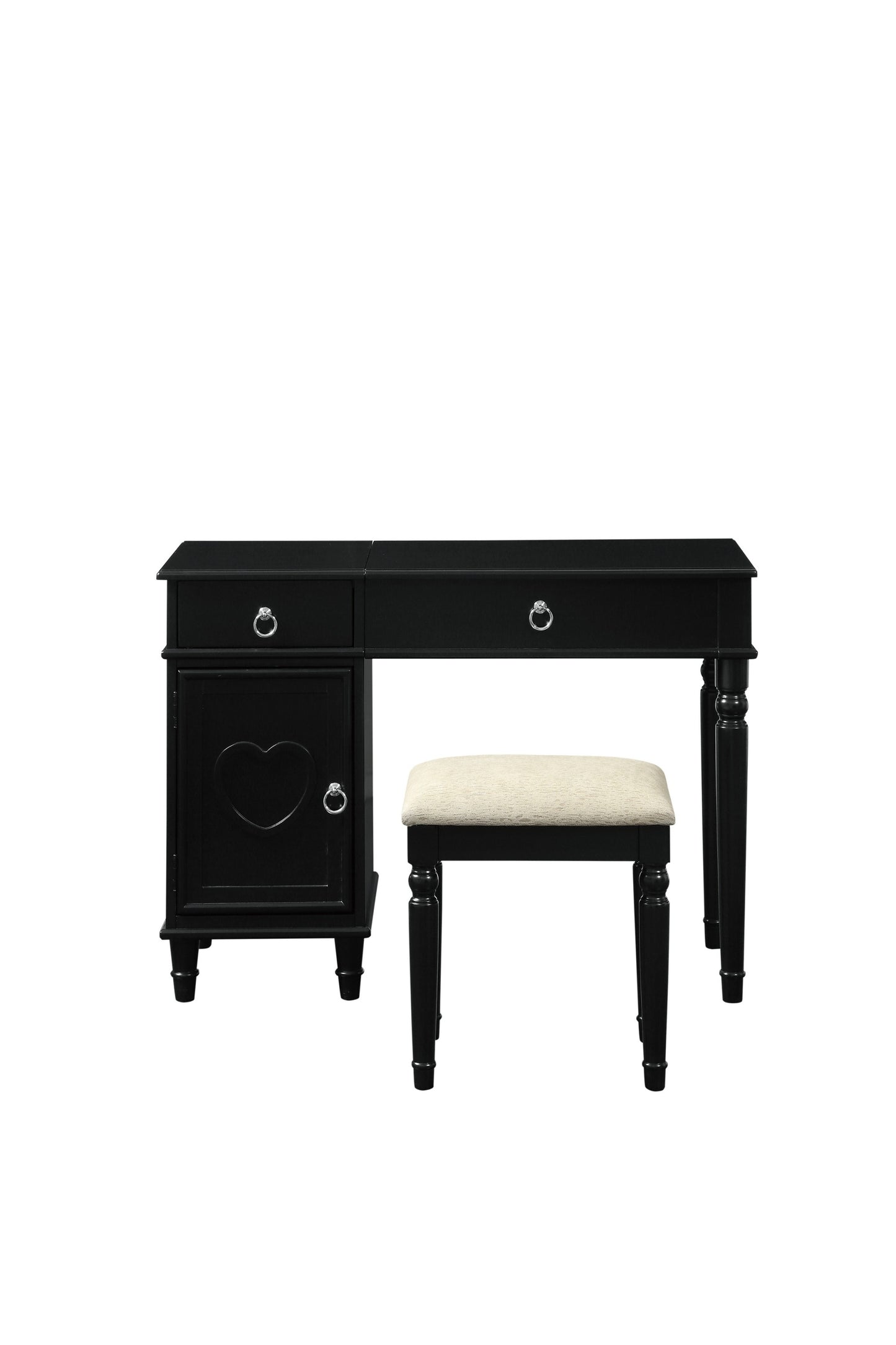 Bedroom Vanity Set w Stool Open Up Mirror Storage Space Drawers Rubber wood Ring Pull Handles Black Color Vanity