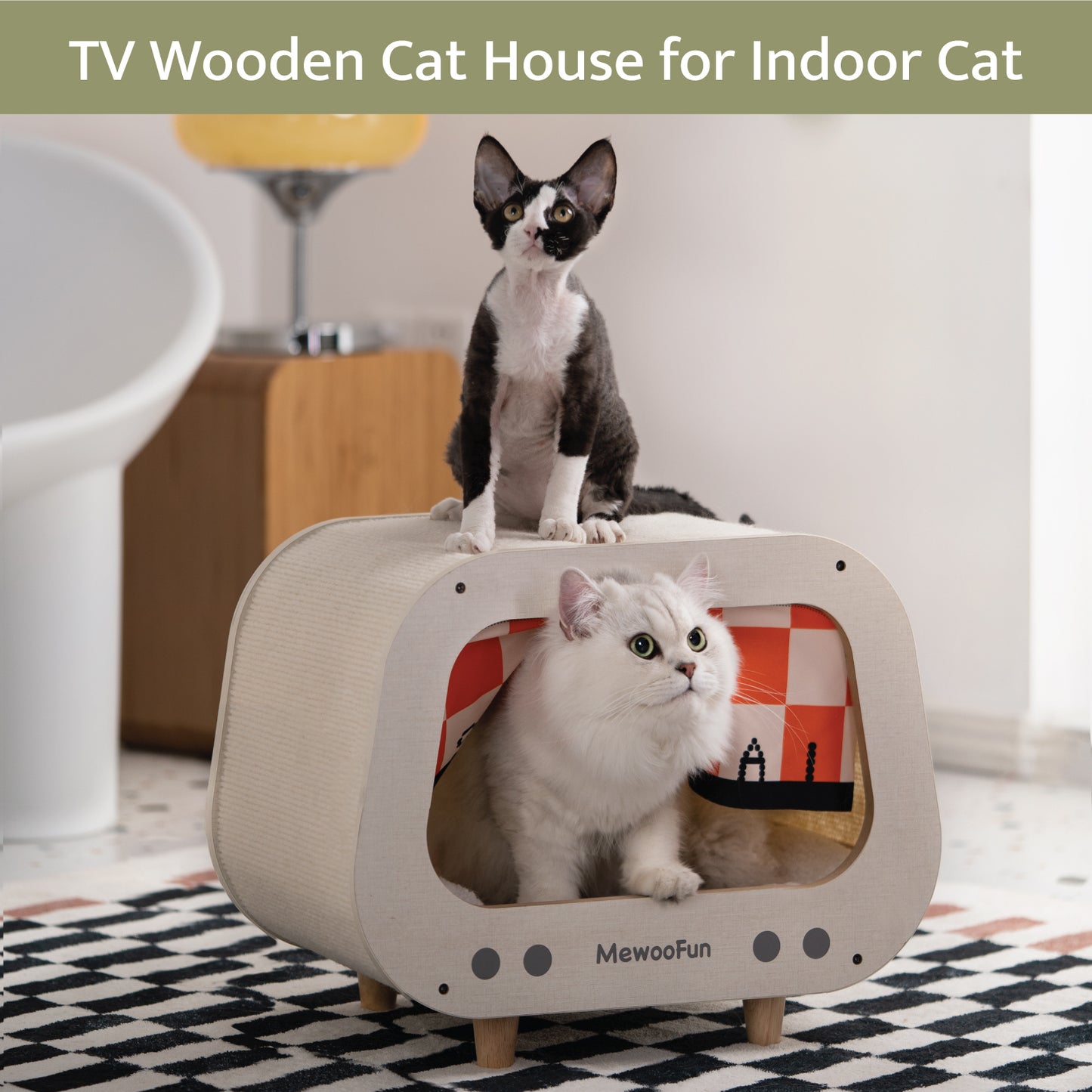 Classic Wooden TV-Shaped Cat Bed, Cat House with Cushion, White