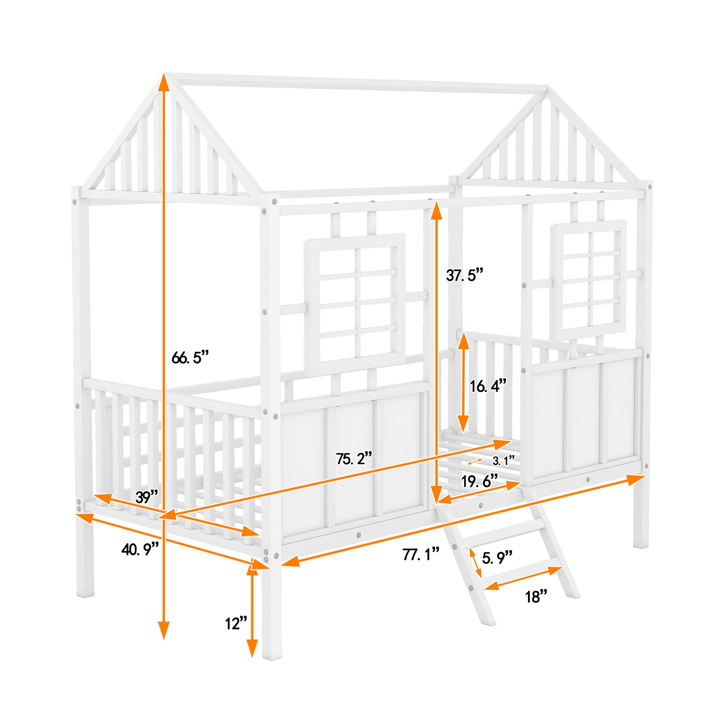 Twin Size Metal Low Loft House Bed with Roof and Two Front Windows , White