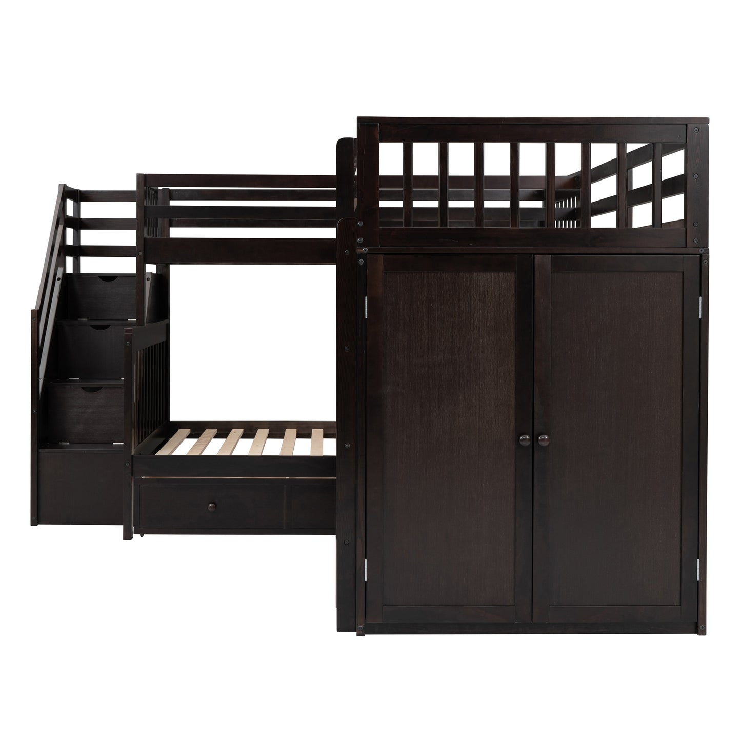 Espresso L-Shaped Bunk Bed with Storage Drawers, Desk, Wardrobe and Maximized Space