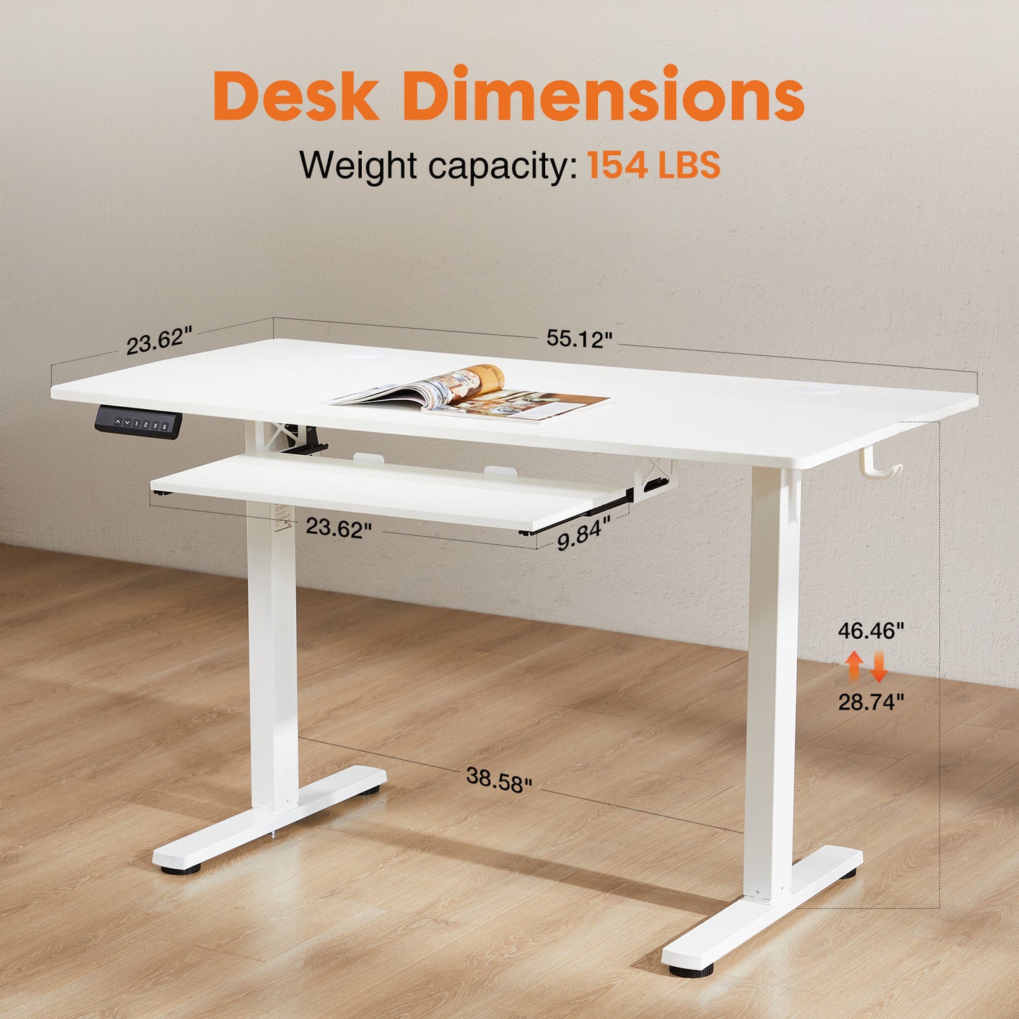 Height-Adjustable Electric Desk with White Keyboard Tray, 55 x 24 Inches