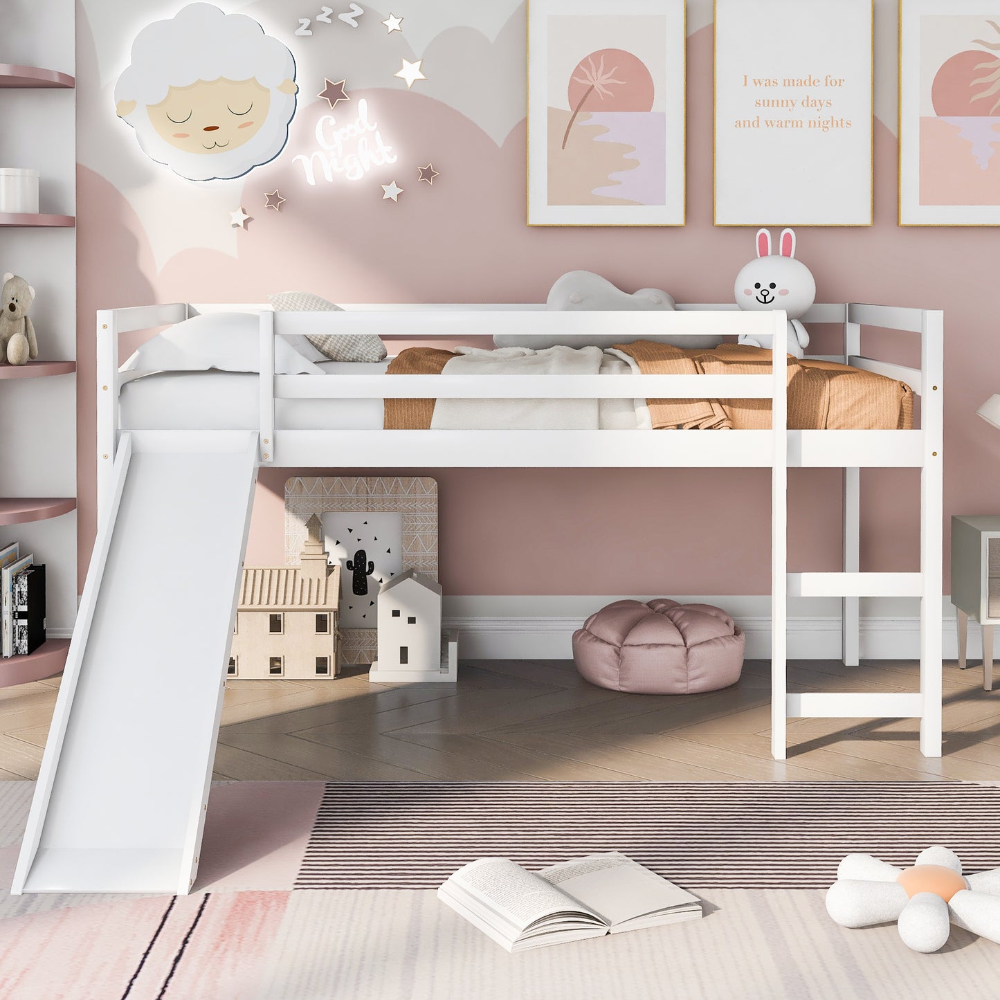 Loft Bed with Slide, Multifunctional Design, Twin (White)(: WF191904AAK)