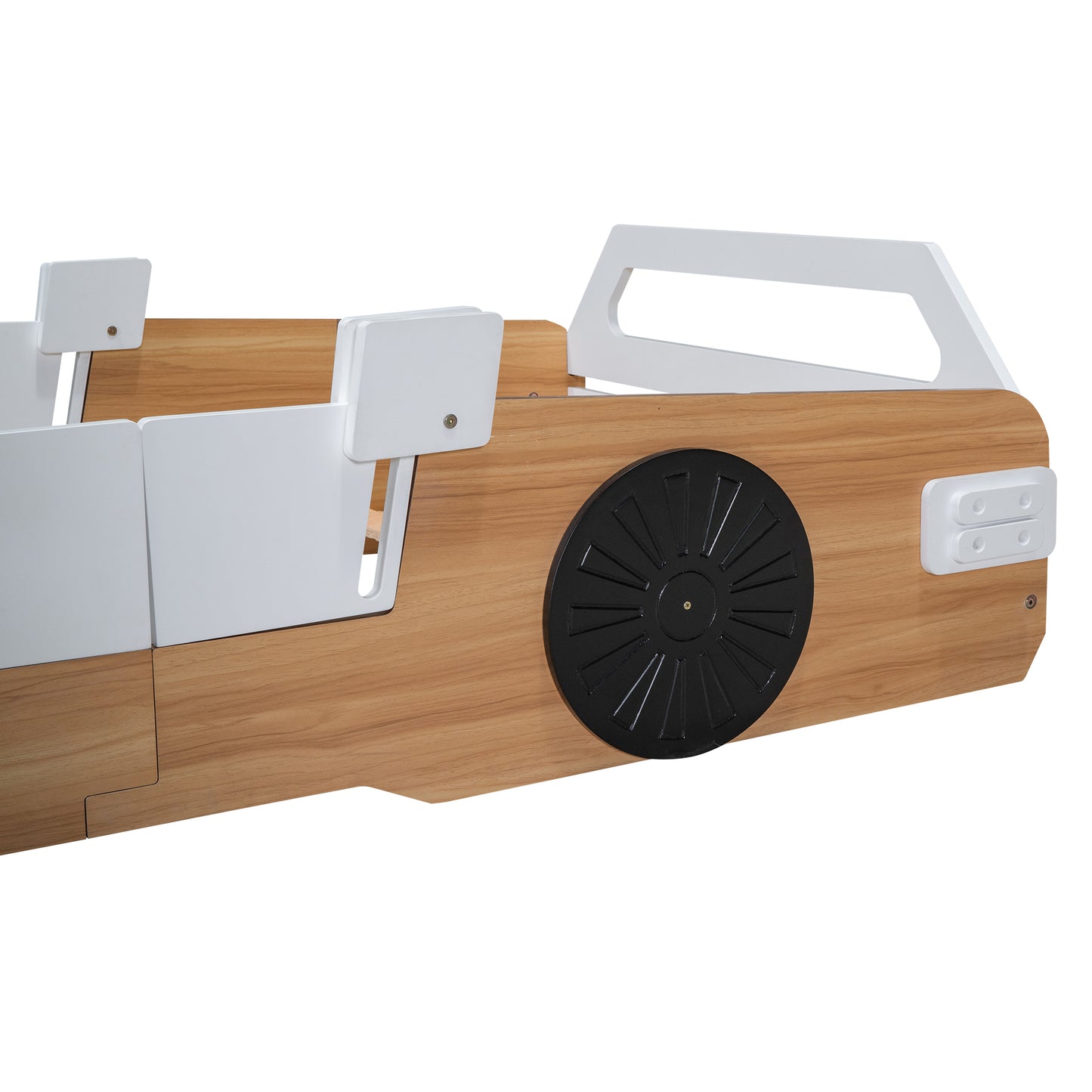 Wood Twin Size Racing Car Bed with Door Design and Storage, Natural+White+Black