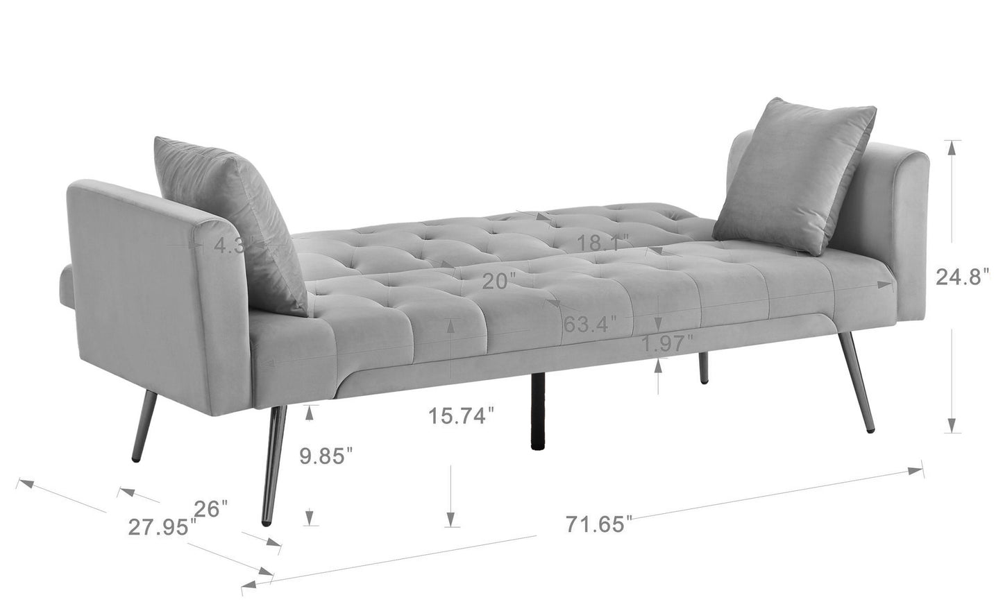 Velvet Futon Sofa Bed with Metal Legs & 2 Pillows