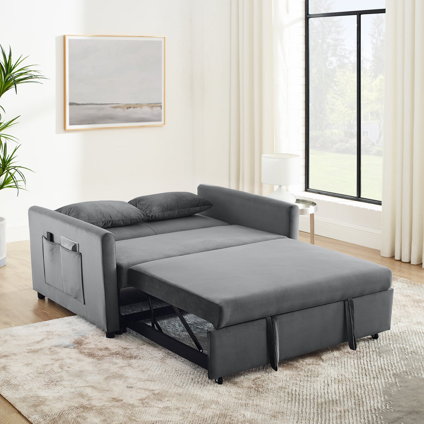 Convertible Sofa Bed, 3-in-1 Versatile Velvet Double Sofa with Pullout Bed, Seat with Adjustable Backrest, Lumbar Pillows, and Living Room Side Pockets, 54 Inch, Grey