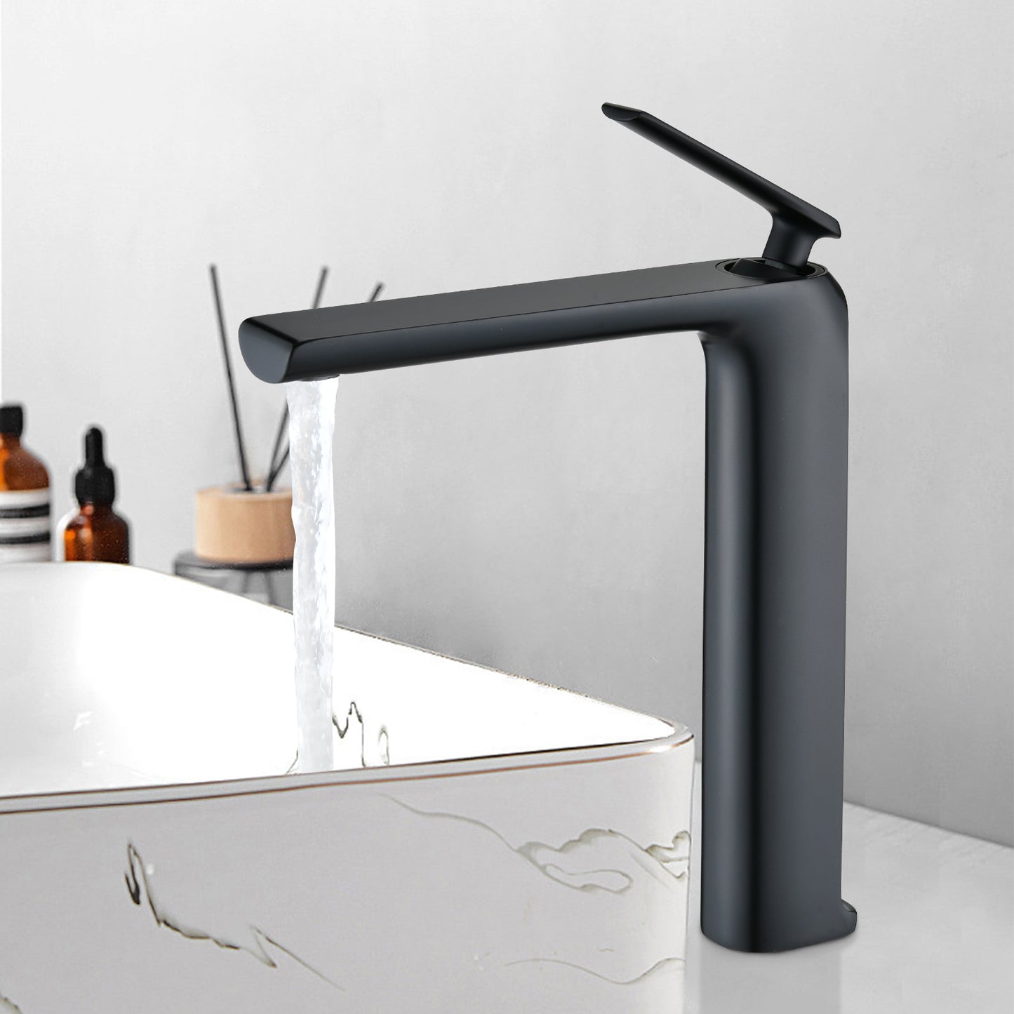 Modern Matte Black Bathroom Faucet with Single Handle and High-Arc Spout