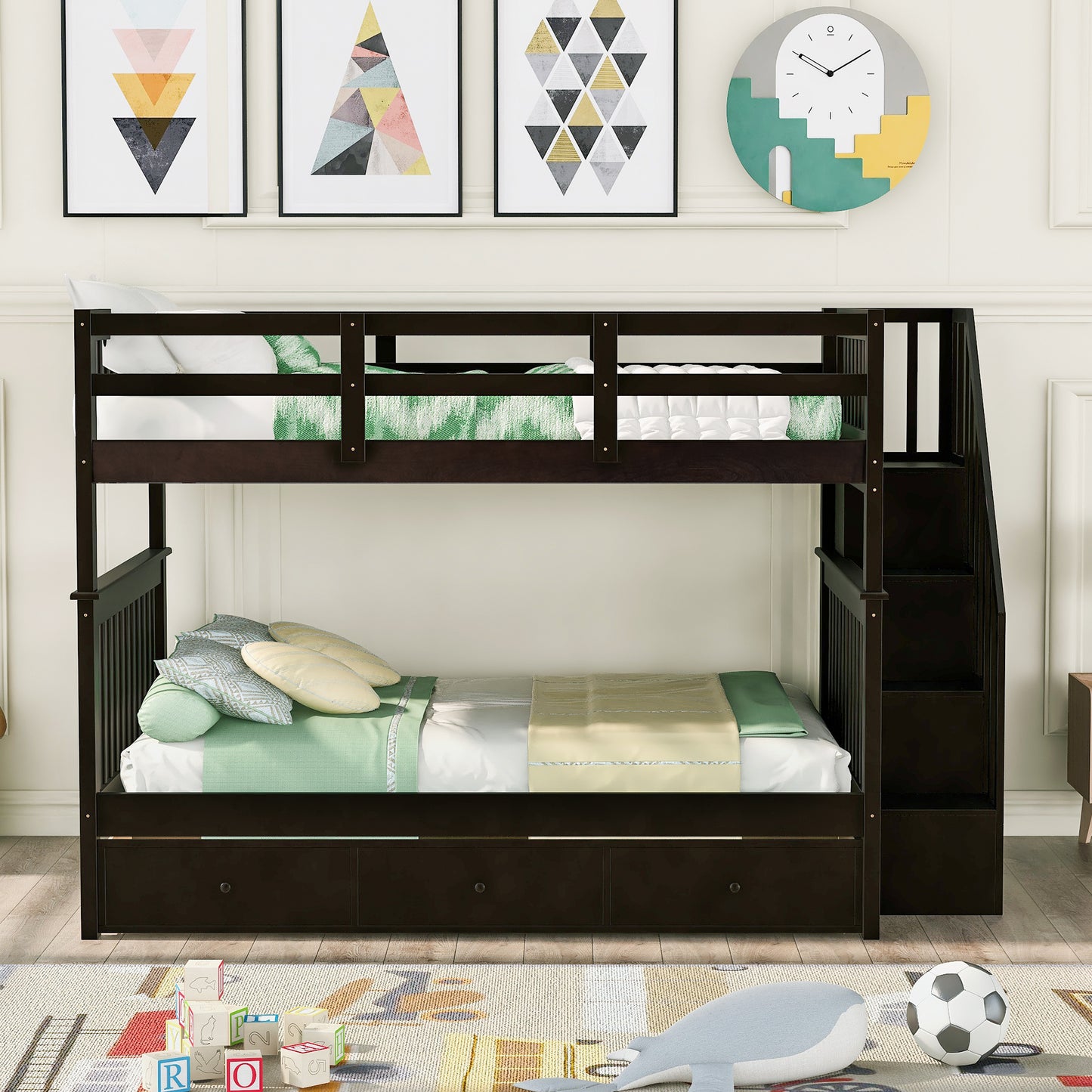 Espresso Wooden Staircase Bunk Bed with Storage and Drawer