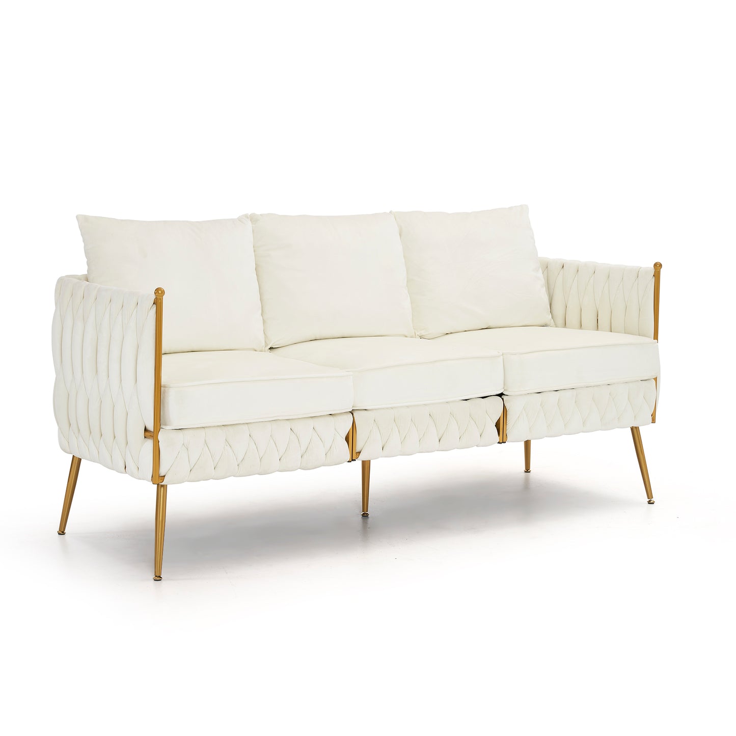 Luxurious 3-Piece Cream White Velvet Living Room Set with Hand-Woven Tufted Back and Golden Metal Legs