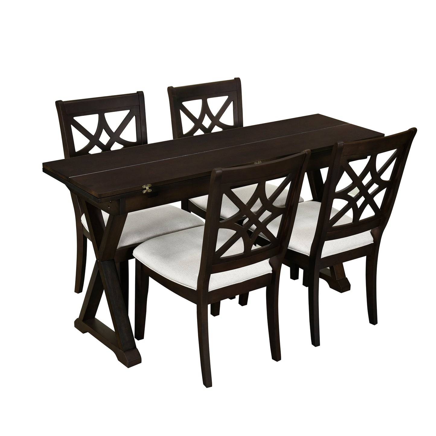 5-Piece 62*35.2inch Extendable Rubber Wood Dining Table Set with X-shape Legs,Console Table with Two 8.8Inch-Wide Flip Lids and Upholstered Dining Chairs ,Dark Walnut