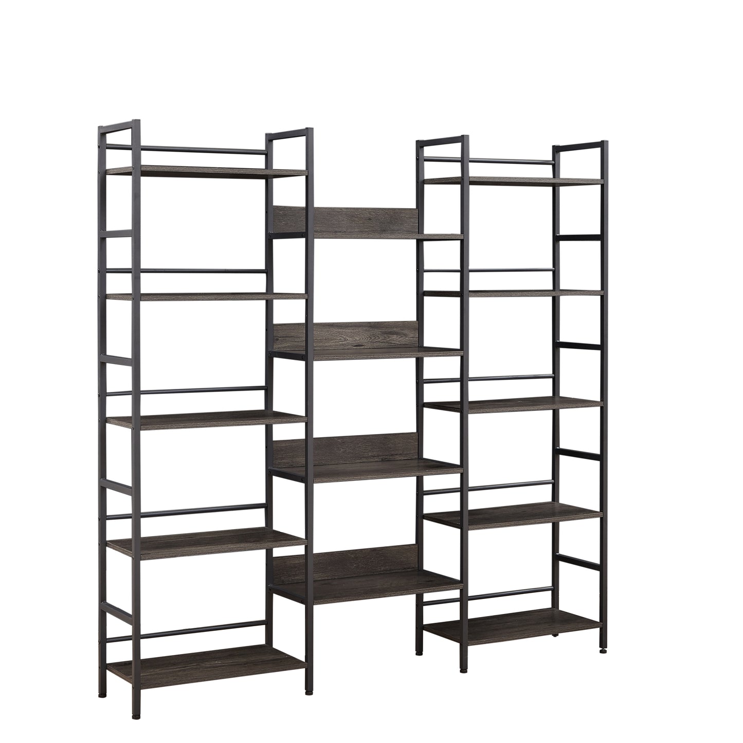 Triple Wide 5-shelf Bookshelves Industrial Retro Wooden Style Home and Office Large Open Bookshelves, Dark Grey, 69.3’’W x 11.8’’D x 70.1’’H