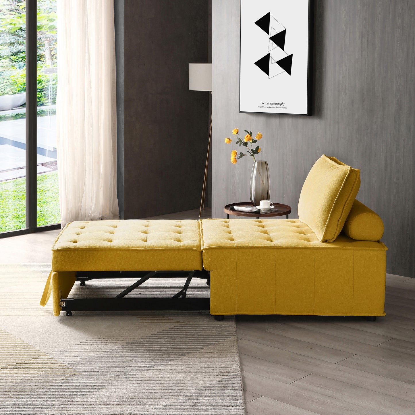 Multipurpose Linen Fabric Ottoman Lazy Sofa Pulling Out Sofa Bed (Yellow)