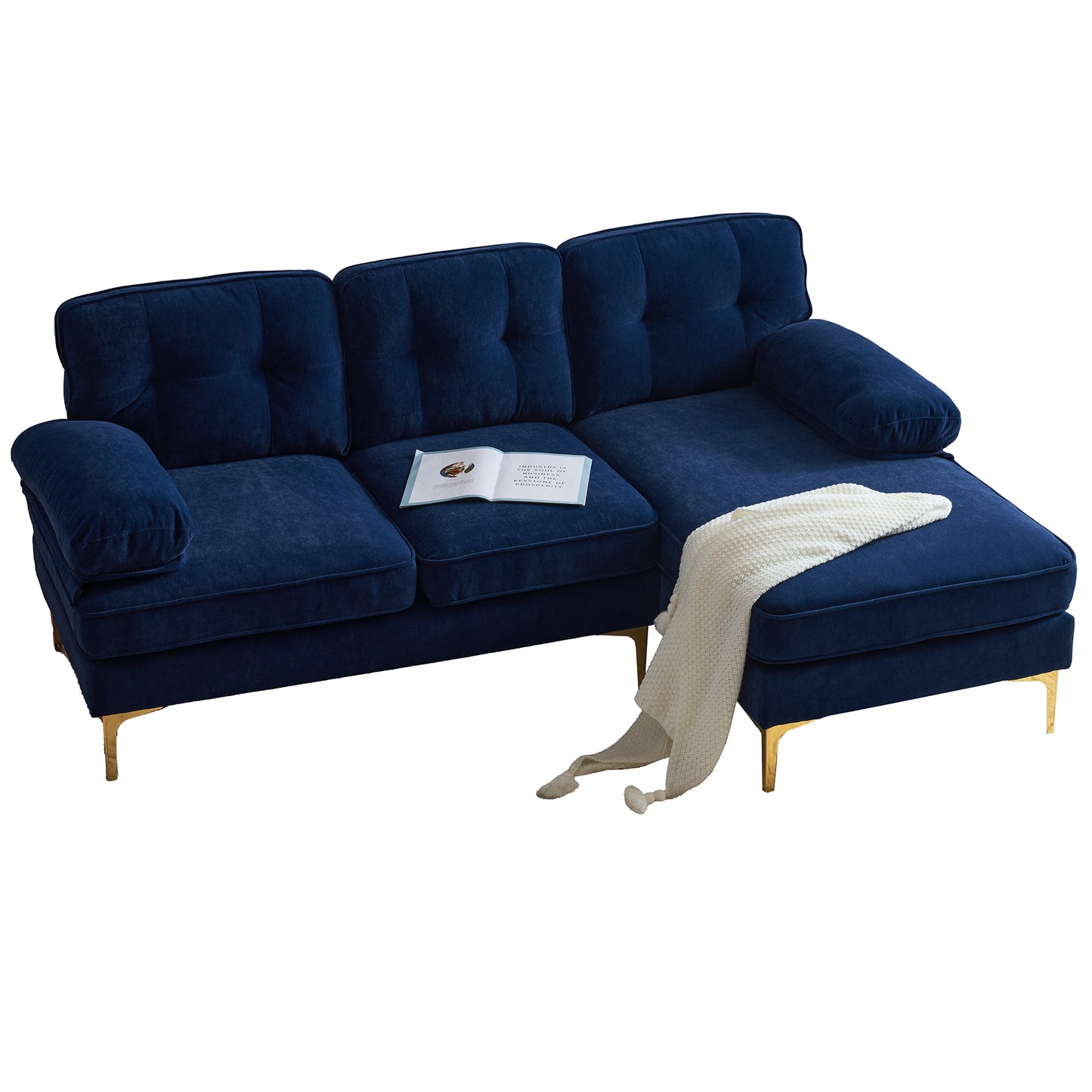 83 Blue Velvet L-Shaped Sectional Sofa with Mid-Century Modern Vibes