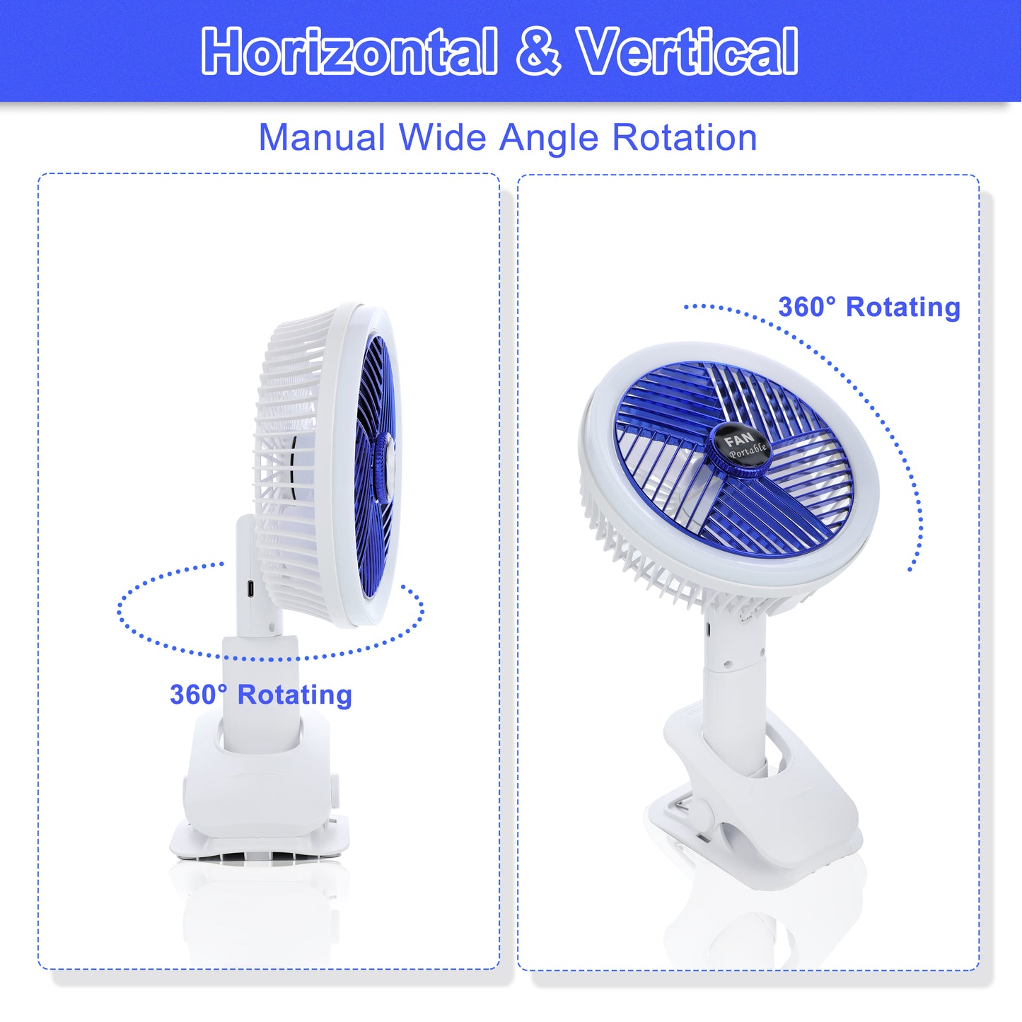 Clip on Fan with LED Lamp, Rechargeable Desk Fan, 4 Speed 360°Rotating Detachable Clamp Fan, Battery Powered USB Camping Fan Portable for Cart RV Car Travel Camping Tent Workout Treadmill Bed Desk