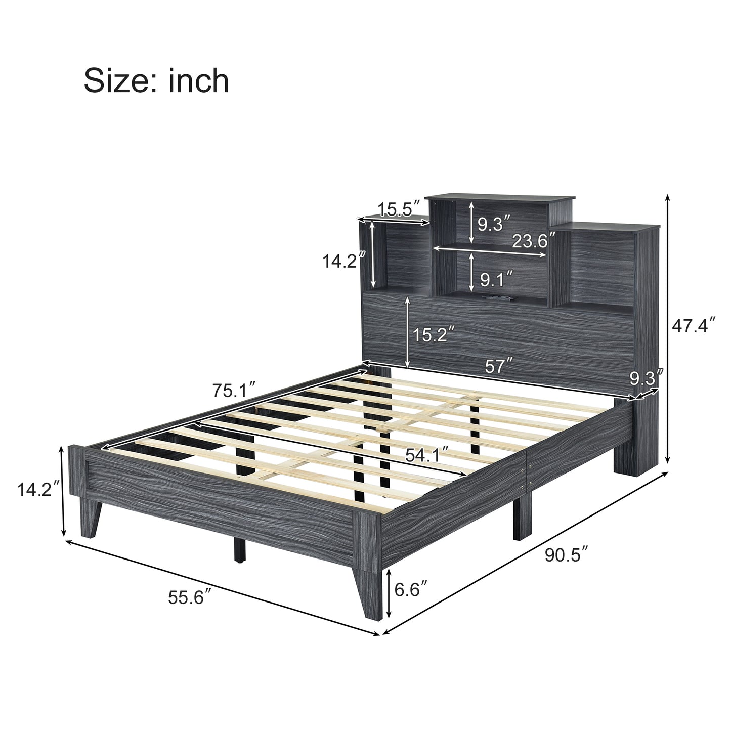 Full Size Storage Platform Bed Frame with 4 Open Storage Shelves and USB Charging Design,Gray