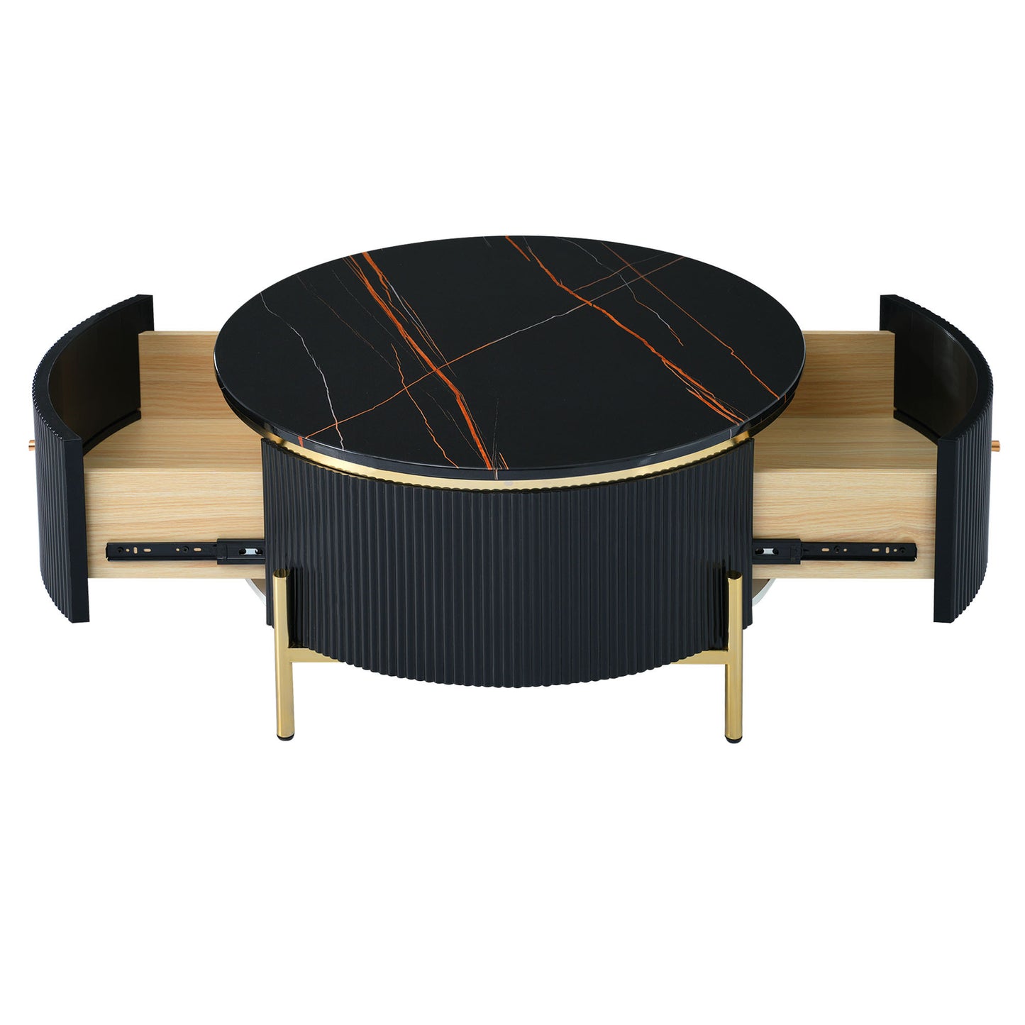 Contemporary Round Coffee Table with 2 Spacious Drawers and Marble Patterned Top