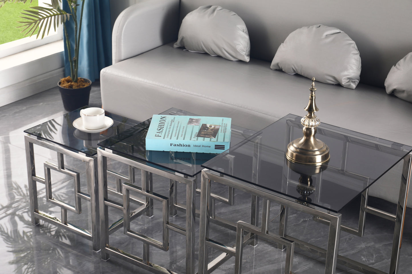 Silver Square Nesting Glass End Table Set with Stainless Steel Frame