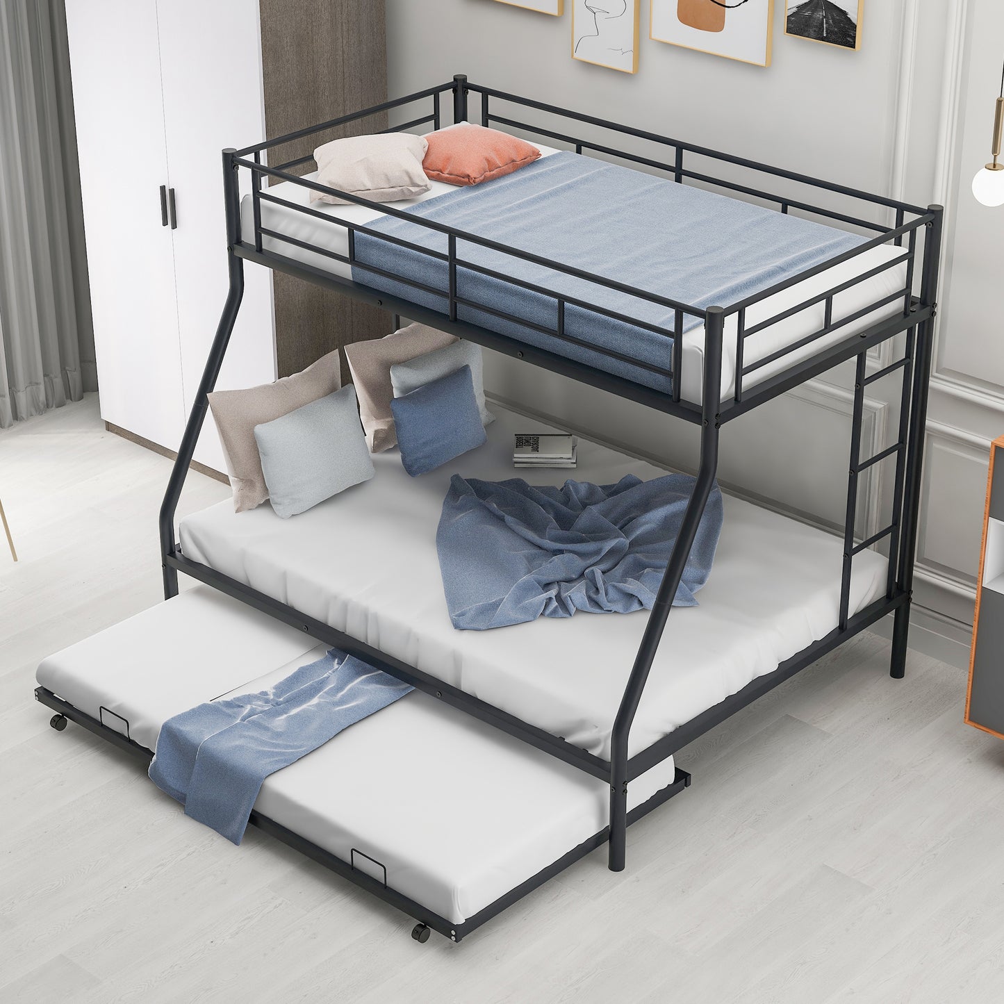 Twin over Full Bunk Bed with Trundle and Ladders for Space-Saving Sleep Solution