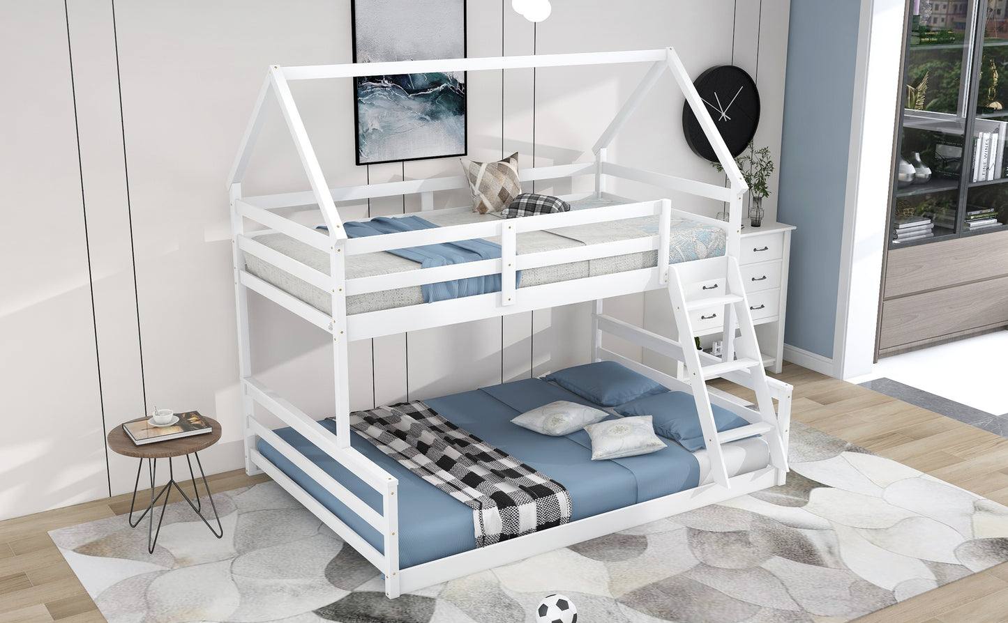 Playful White Twin over Full Bunk Bed with House-Inspired Design