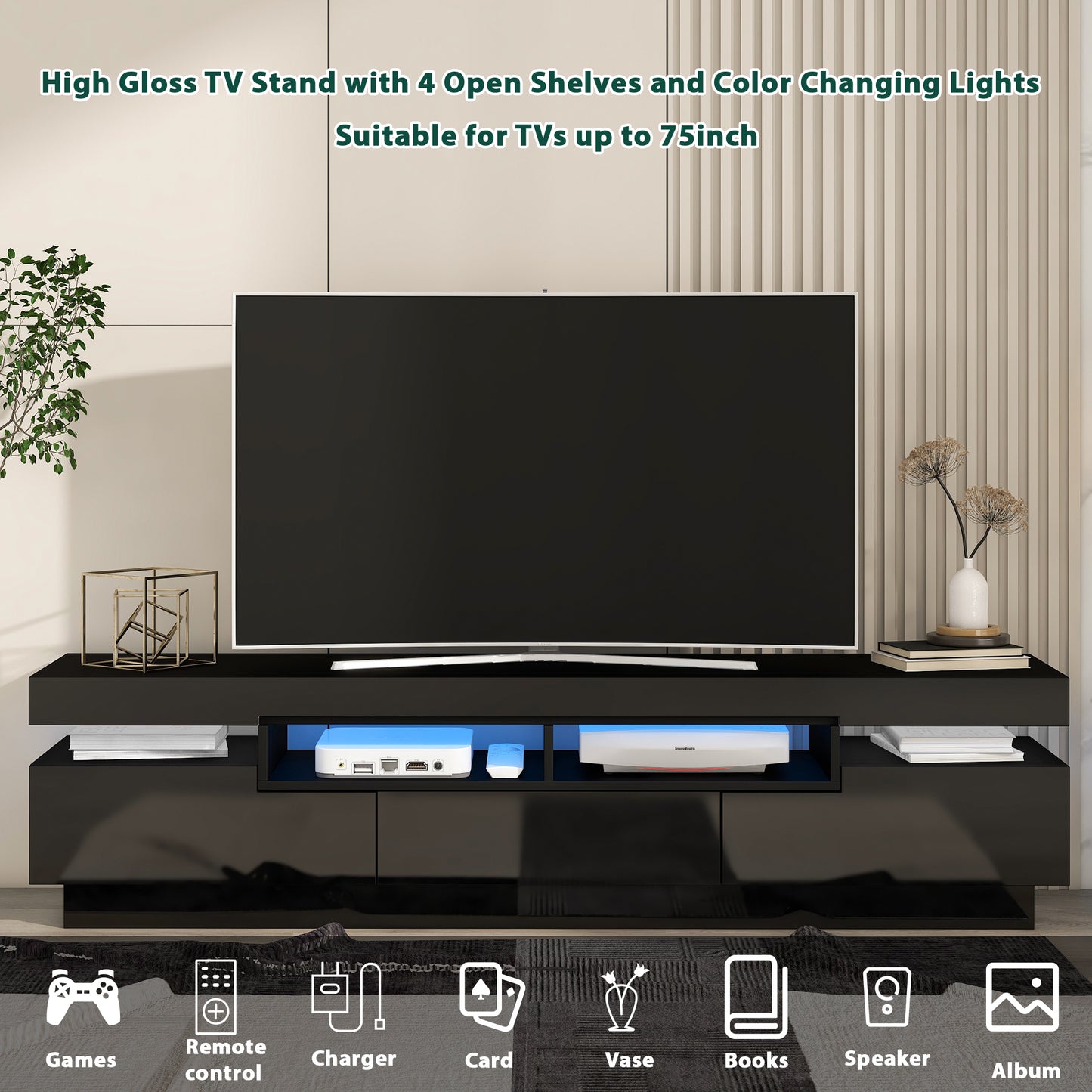 Sleek Black TV Stand with LED Lighting and Multi-Storage Options for 75 Inch TV