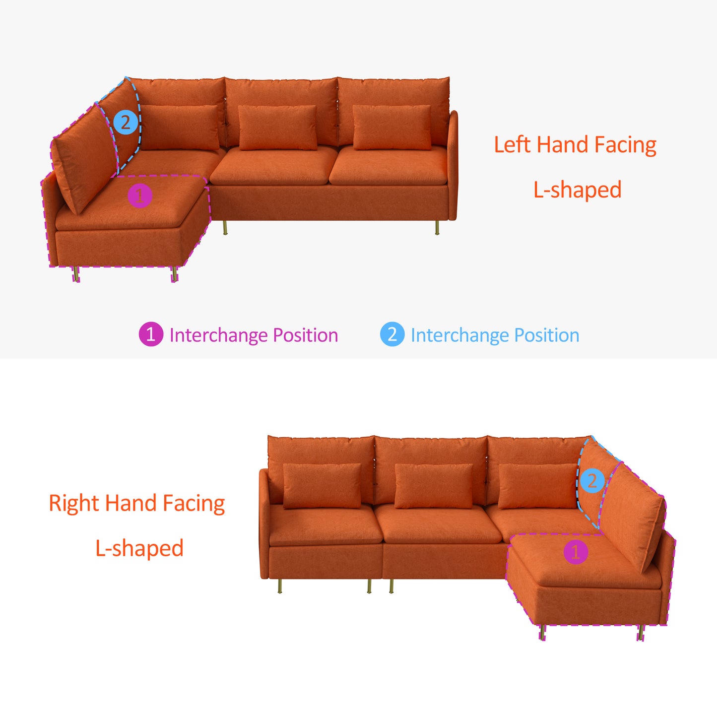 Modular L-shaped Corner sofa ,Left Hand Facing Sectional Couch,Orange Cotton Linen-90.9''